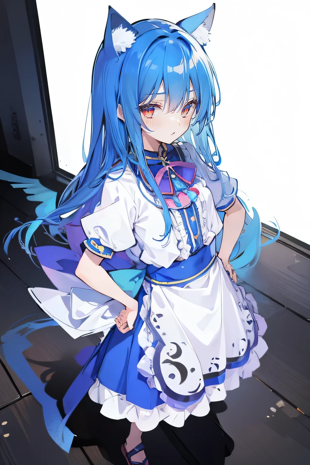 (masterpiece),best quality, expressive eyes, perfect face, 1girl,
 Put your hands on your waist,fair, Gorgeous,Japanese cartoons,girl,lola,Hina Angel, blue hair, blue haired, floating clothes,Grab your waist, Grab your waist, hands on hips , hands on hips,sit, sit on ground, Legs on the ground, flat chest,cat ears,