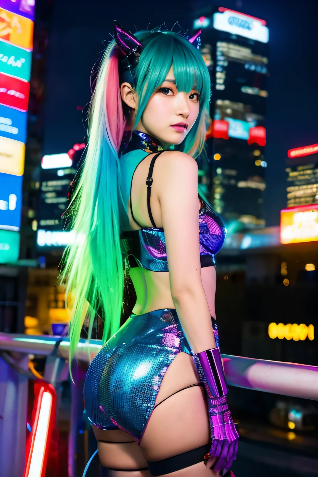 Hatsune Miku transforms into a cyberpunk queen:Imagine her,Vibrant neon-colored hair draped over shoulders,Singing passionately in the night。Her left side is wonderfully fused with the cybernetic prosthesis,Her face is a stunning canvas of flesh and machinery。The electric buzz of neon lights thickens the atmosphere,Paint her in a futuristic array of colors。Two-dimensional style,Sing