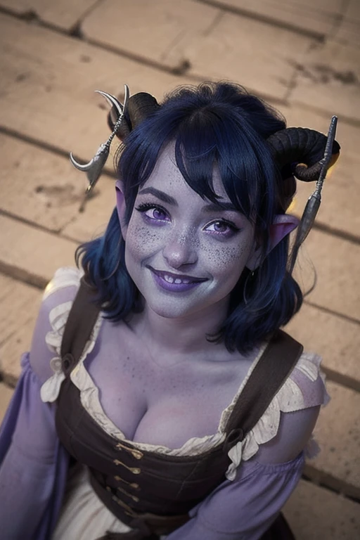 masterpiece, best quality, 1girl, jesterlavorre, blue hair,  purple eyes, blue skin, freckles, colored skin, horns, pointy ears,, tiefling, smile, looking at viewer, solo, mischievous smile, from above , cleavage 