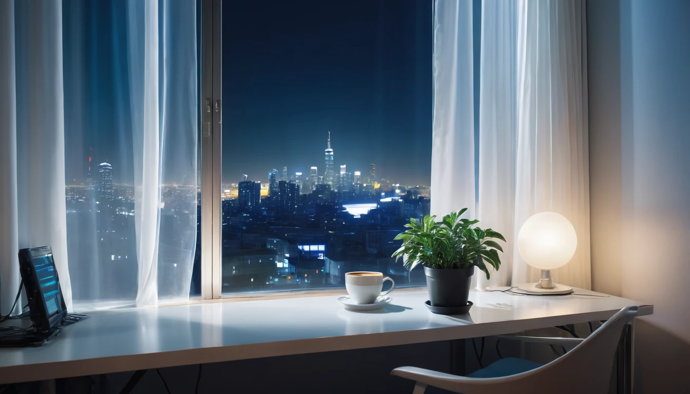darkroom, night, desk,There is a small potted plant on the table. a cup of coffee, soft shadow, Stylish modern, glowing screen, Cold blue light, Flowing transparent white curtains.Window looking at the busy traffic of modern city, Very detailed,tone texture.Obvious contrast of light and shadow.High-end and textured.half-length view , 50mm , f/1.8 , shutter speed 1/60 , ISO 50 ,Color temperature 4000k， masterpiece.first-person view