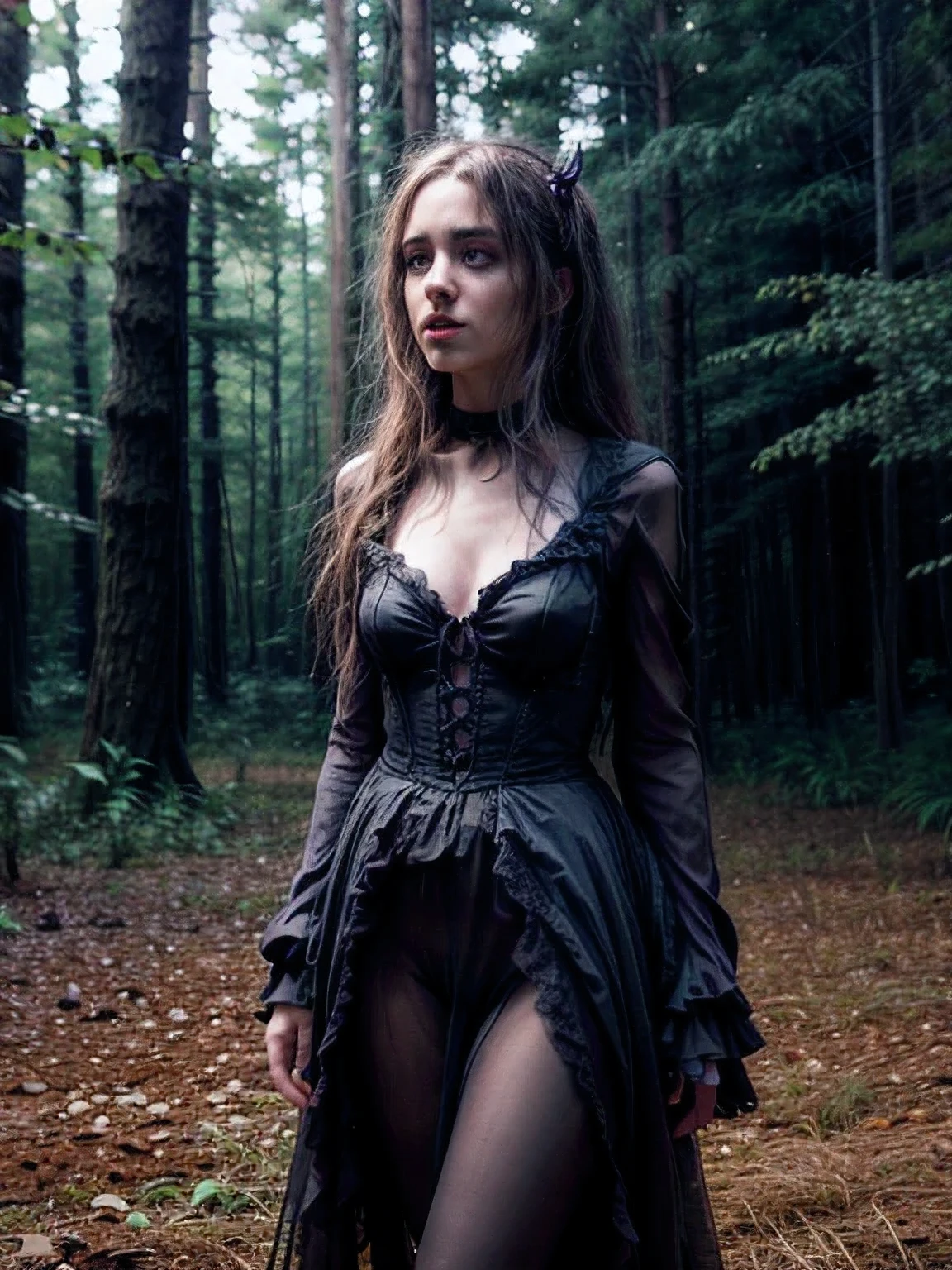 photorealistic, hyperrealistic, ultra real, Tim Burton Art Style, (8k realistic masterpiece:1.3), best quality, 8k, 32k, photo shot with Canon EOS 850D, Canon EOS 850D, highly detailed face, ray tracing, HD, Masterpiece, 1 woman, 24 year old, long black straight hair, wearing a dress made from bones, walking in a Tim Burton Style Forest, fictional forest, magical forest, butterflies surrounding,