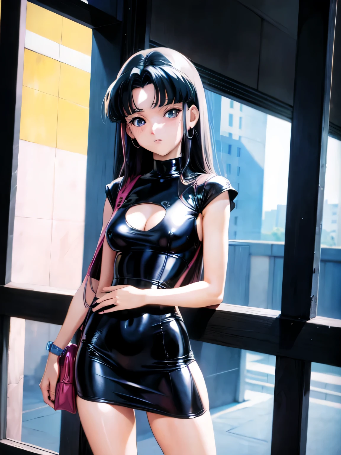 Anime girl in latex outfit posing in front of window - SeaArt AI