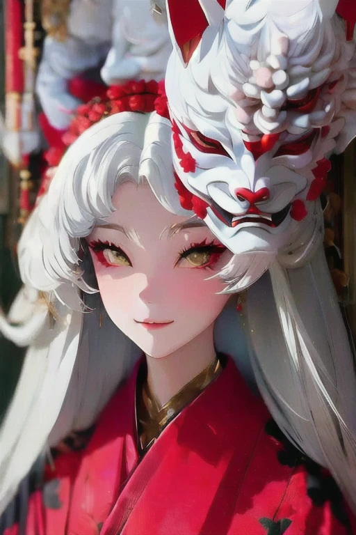 Beautiful head, white hair, (((eye))), White fox mask