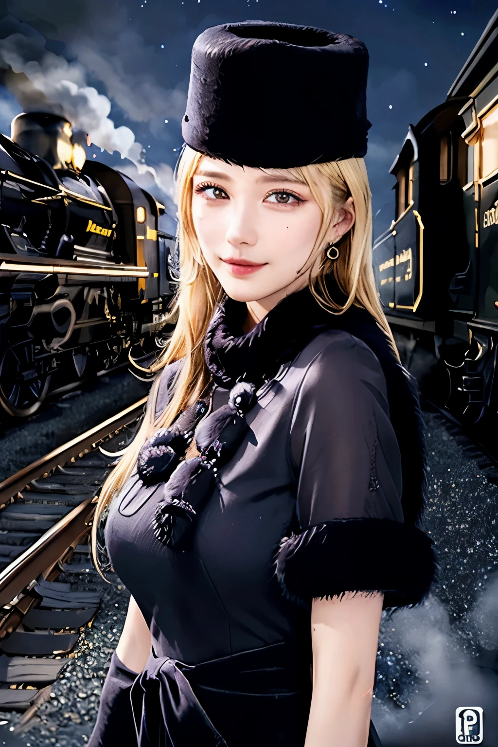 maetel, long hair, blonde hair,fur trim, black headwear, fur hat, dress,(cowboy shot:1.1), yellow eyes, (luggage:1.1), steam (train station:1.1),station platform,  night, galaxy,999
best quality, highly detailed, masterpiece, absurdres,8k,   (detailed eyes, deep eyes),photorealistic, realistic,detailed skin texture, detailed pupils,HDR,
1woman,(happy:1.1),smile, (angular face:1.2),shiny face,large breasts, (narrow waist:1.1), lip makeup,long eyelashes