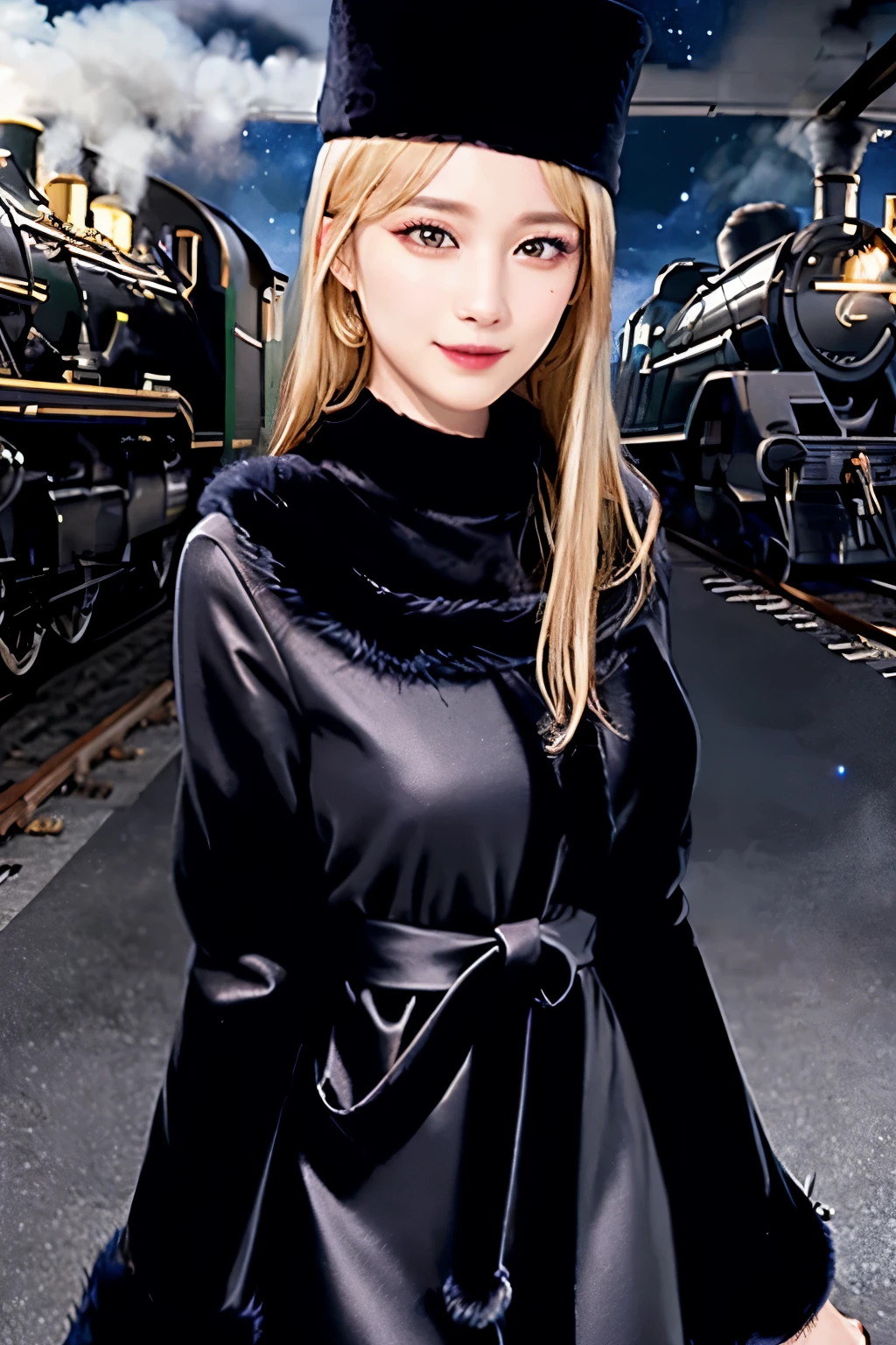 maetel, long hair, blonde hair,fur trim, black headwear, fur hat, dress,(cowboy shot:1.1), yellow eyes, (luggage:1.1), steam (train station:1.1),station platform,  night, galaxy,999
best quality, highly detailed, masterpiece, absurdres,8k,   (detailed eyes, deep eyes),photorealistic, realistic,detailed skin texture, detailed pupils,HDR,
1woman,(happy:1.1),smile, (angular face:1.2),shiny face,large breasts, (narrow waist:1.1), lip makeup,long eyelashes