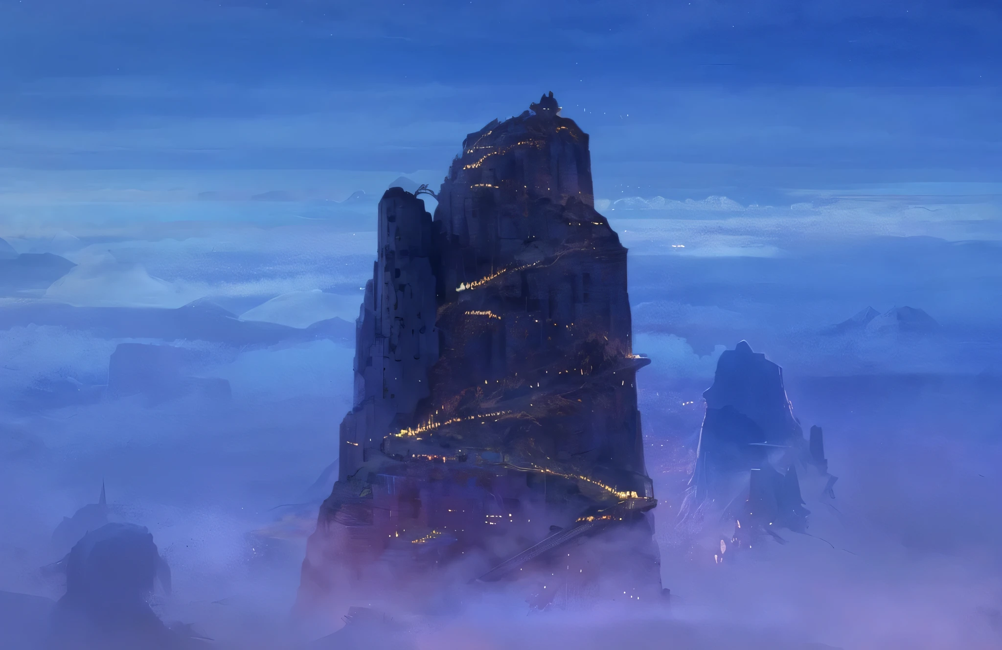 there is a large mountain with a clock on it, mountain fortress city, inspired by Andreas Rocha, andreas rocha style, bastien grivet, inspired by jessica rossier, matte painting arcane dota pixar, beautiful concept art, jessica rossier color scheme, the style of andreas rocha, stunning concept art, illustration matte painting, silvain sarrailh