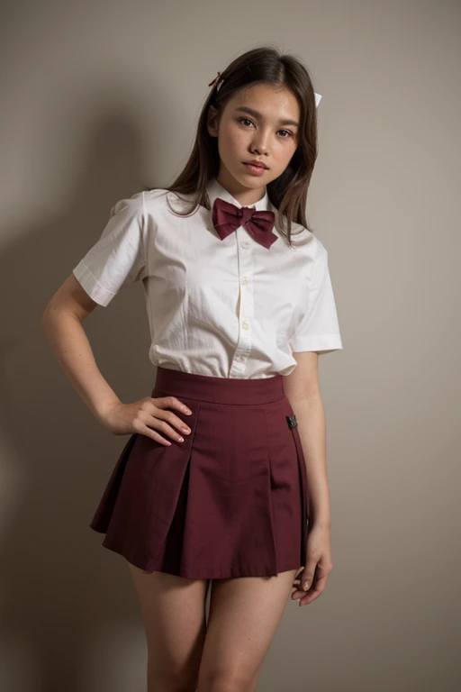 Girl junior high uniform, white short sleeve shirt, maroon bow tie and maroon below the knee length skirt like in the Philippines, standing pose