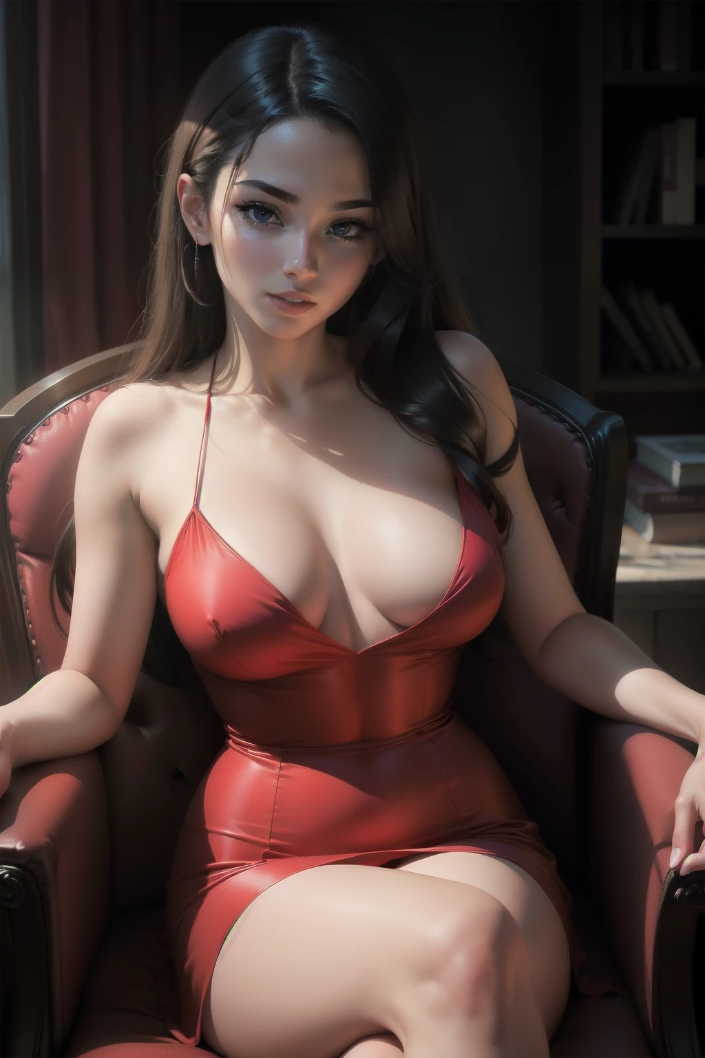 Young sexy woman wearing a red dress sitting on a chair, dim lighting, sexy, hot, lustful