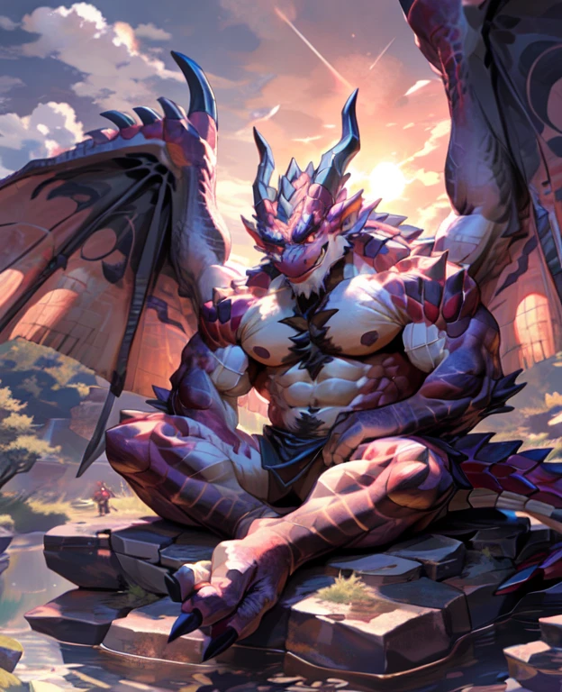 dragon,alone,paw,teeth,crawler,chest muscles, peak, teeth成人,alone,dragon tail,sit down,meditate,4K,best quality,HD,whole body,paw,naked,looking at the audience,chest muscles, pink nipples, Six-pack abs,biceps,pride,soft shadow,majestic,Detailed face,HD eyes,keen vision,eyes sparkling,Gorgeous,brave,confident smile,Strong,Mature,wilderness,ruins,river,Blue sky and white clouds,The sun shines，With wings，With wings