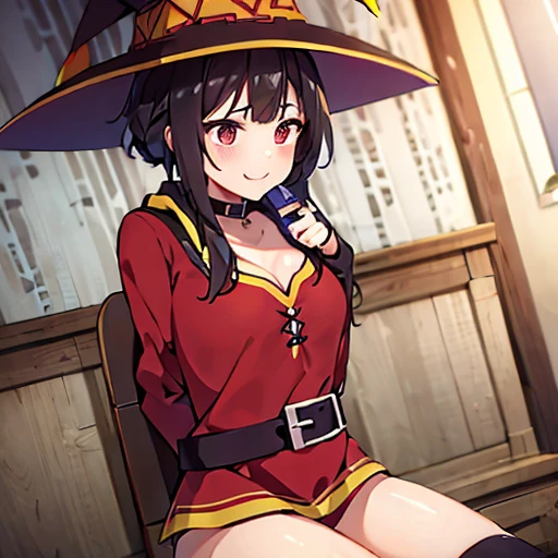 ((masterpiece)), (Best quality:1.7), (detailed:1.4), (A high resolution:1.4), 8 k, (colorful:1.5), 2D, A high resolutionolution, Sharp image, 4K, HD, Megumin_Konosuba, 1 girl, (((One))), ((black hair)), black stockings, Wow, witch hat, brown belt, Red eyes, Red dress, Medium Body, cowboy shot, smile, ((Medium breasts)), (((e.g))), peace symbol, long sleeves,long ноги, school, ((black e.g)), hands on hip, belt, sexy hips, sits on the toilet, poops, diarrhoea, feet together 