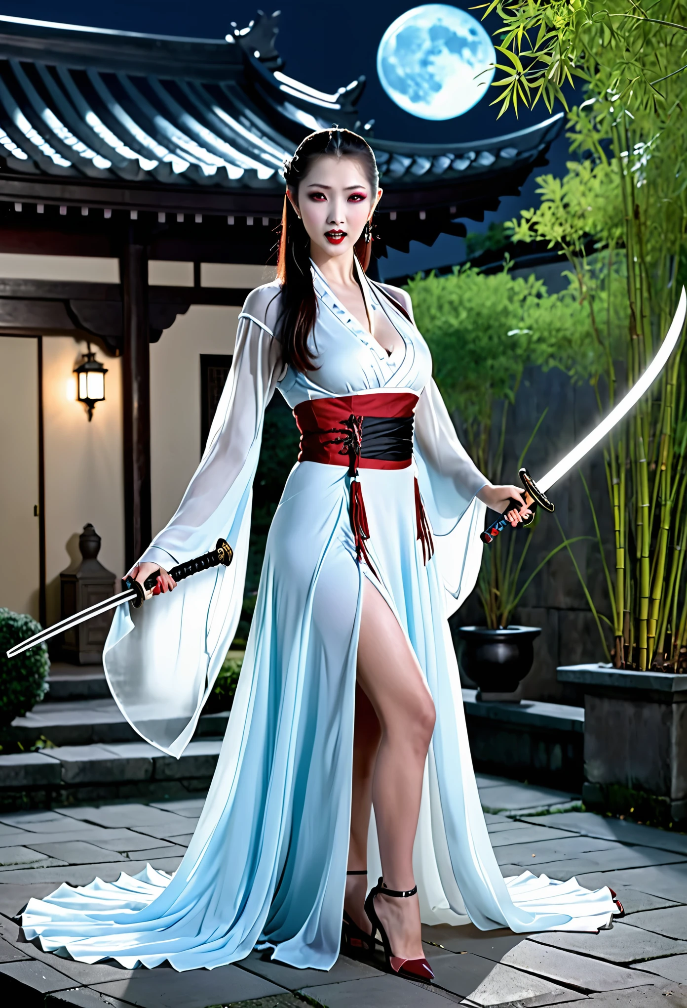 (best quality,4k,8k,highres,masterpiece:1.2),ultra-detailed,(realistic,photorealistic,photo-realistic:1.37),female a lesbian vampire sword master colorful translucent and sheer billowing dress flowing in the wind master crafted katana shining in the moonlight dancing gracefully, displaying her incredible skills set in a courtyard surrounded by lush greenery bamboo dummy targets arranged in a strategic formation shadows cast by the moonlight creating a mysterious atmosphere vibrant and contrasting colors adding life to the scene the vampire's sharp canines glistening as she smiles subtle yet impactful makeup enhancing her alluring beauty her piercing eyes filled with determination and elegance exquisite movements showcasing her mastery of the sword leaves rustling in the gentle breeze, adding a touch of serenity the vampire's long flowing hair swaying with each precise strike the sound of the katana slicing through the air, creating a mesmerizing harmony an aura of power and confidence radiating from the vampire's every move the moonlit sky casting a faint glow on the courtyard subtle hints of red, representing the vampire's thirst for blood the vampire's energy intertwining with the sword, emanating an ethereal glow the courtyard adorned with traditional Japanese elements, adding authenticity to the scene a sense of tranquility and intensity coexisting in perfect harmony the vampire's graceful silhouette emphasized by the billowing dress her fluid movements leaving a trail of energy and mystique the scene captured with meticulous attention to detail a combination of traditional and modern elements, creating a unique visual experience the courtyard bathed in moonlight, creating an enchanting atmosphere the vampire's presence commanding attention and admiration the katana's blade reflecting the vampire's refined craftsmanship the courtyard surrounded by an aura of secrecy and mystery the vampire's dance as a celebration of her love for both beauty and battle the sound