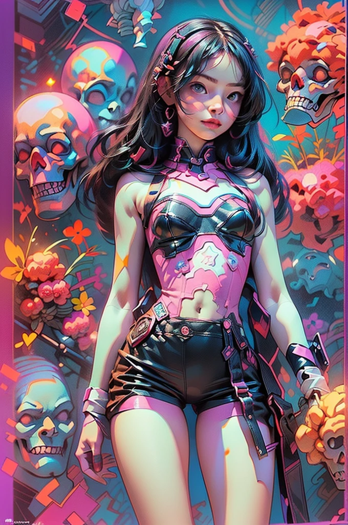 ((Create a high quality image), (stylized color graphics, Anima style), (masterpiece, best quality: 1.2), (1 girl, solo, full growth), (bright graphics, comics, Marvel, Blizzard), (Japanese anime graphics), (Ghost in the Shell, Blade Runner, Animatrix, Appleseed))_((Stylization; clear line, clear outline, high-quality linear drawing, shading))_((Color, bright balanced colors, harmonious color scheme; Pixar , RiotGames, Epic Games), (color fill, color saturation, saturation, harmony, balance))_((Images, plot; cute cute sexy girls, kawaii, Lola), (erotica, NSFW), (nude parts, beautiful legs, chest, long hair, eyelashes, expressive eyes), (special attention to facial details, figure proportions, expressive forms, attractiveness, seductiveness), (also present; skulls, flowers, weapons))_((Visualization; graphic animation style, high quality, anime style, Japanese anime, high quality, masterpiece, best movies - Arcana), (Stylized 3D graphics, linear stroke, color fill, clear chiaroscuro, fill set, ray tracing, reflected light, caustics), (hand-drawn graphics, graphics drawn by a master, stylized graphics), (mixing styles); abstraction - realism, animation, three-dimensional graphics)).