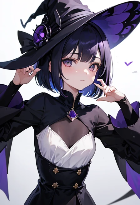Witch's outfit, Anime-style portrait of a girl with a deep violet bob cut, {Golden eyes}, bright eyes, -facee contact with the camera, subtle smile, {Deathscythe}, minimalistic background to emphasize character, high contrast, clean lines, digital painting, vivid colors