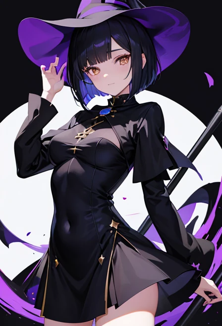 Witch's outfit, Anime-style portrait of a girl with a deep violet bob cut, {Golden eyes}, bright eyes, baby-faced, eye contact with the camera, subtle smile, {Deathscythe}, minimalistic background to emphasize character, high contrast, clean lines, digital painting, vivid colors