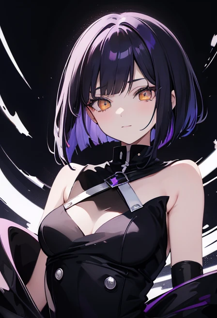 masutepiece, Best Quality, a 20 yo woman, Cool Face,shadow,Bery short hair,Live,Purple eyes,blac hair,a choker,Sharp eyes,tight outfit,Mixed background with black, blue and green,drum,The artists,audience