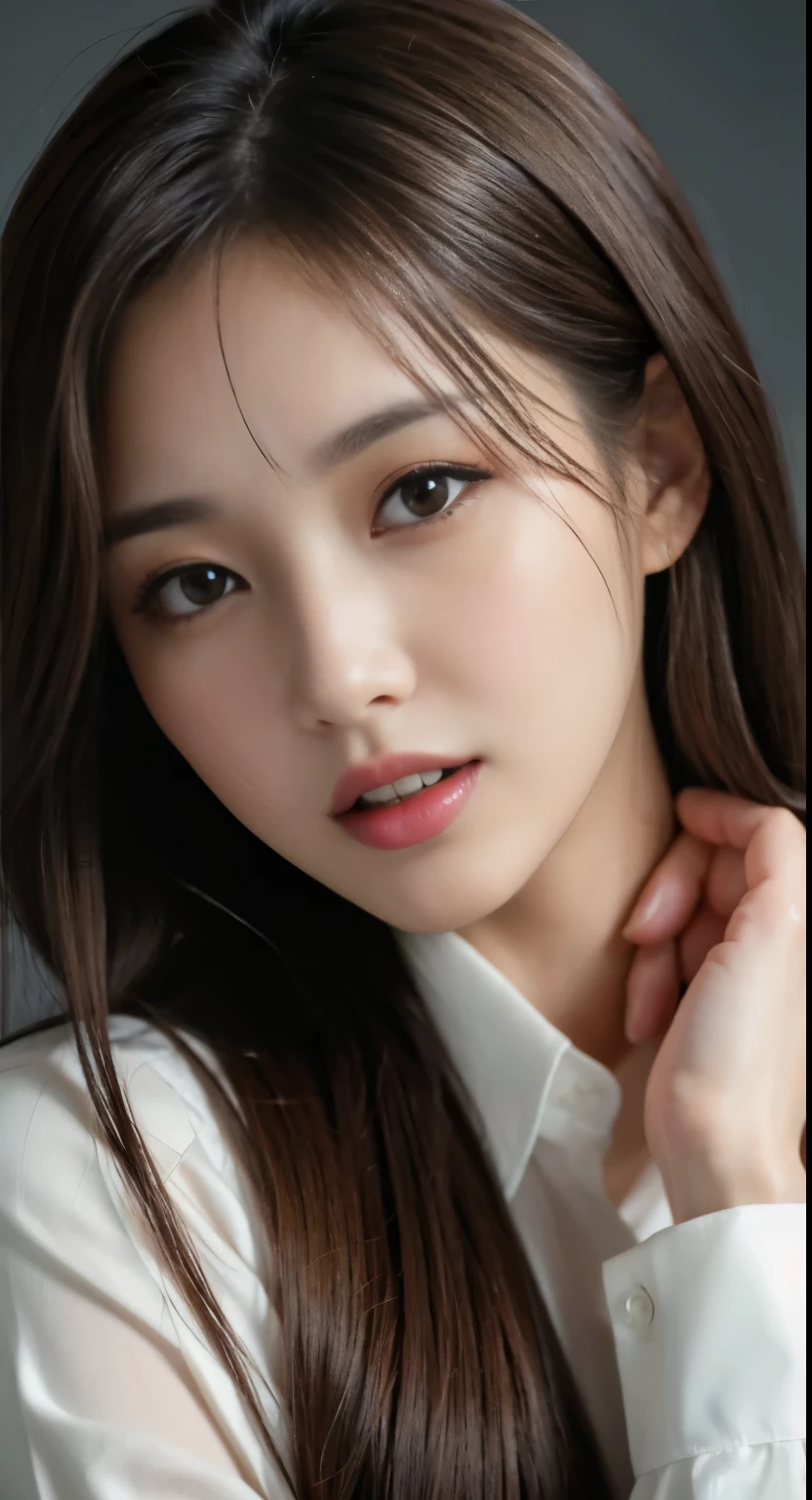 table top, highest quality, realistic, very detailed, In detail, High resolution, 8k wallpaper, 1 beautiful woman,, light brown messy hair, wearing a business suit, sharp focus, Fully dynamic configuration, beautiful and delicate eyes, fine hair, 섬세하고 realistic 피부 결, laughter, close-up portrait, model body shape. dark lighting, please open your mouth wide