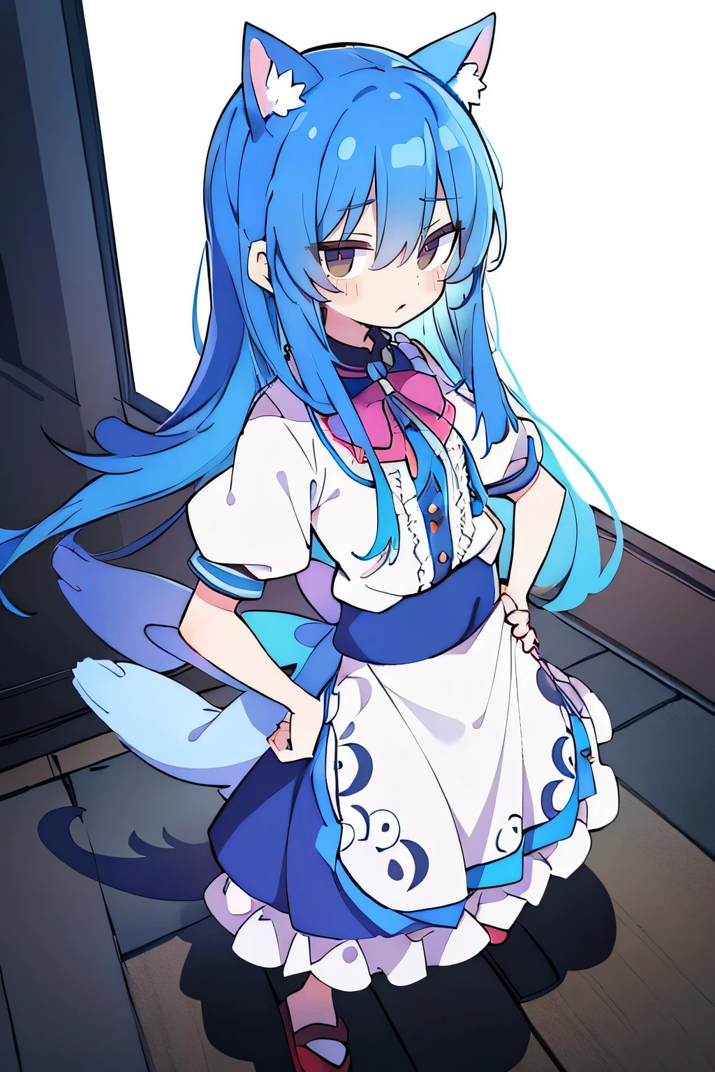 (masterpiece),best quality, expressive eyes, perfect face, 1girl,
 Put your hands on your waist,fair, Gorgeous,Japanese cartoons,girl,lola,Hina Angel, blue hair, blue haired, floating clothes,Grab your waist, Grab your waist, hands on hips , hands on hips,sit, sit on ground, Legs on the ground, flat chest,cat ears,