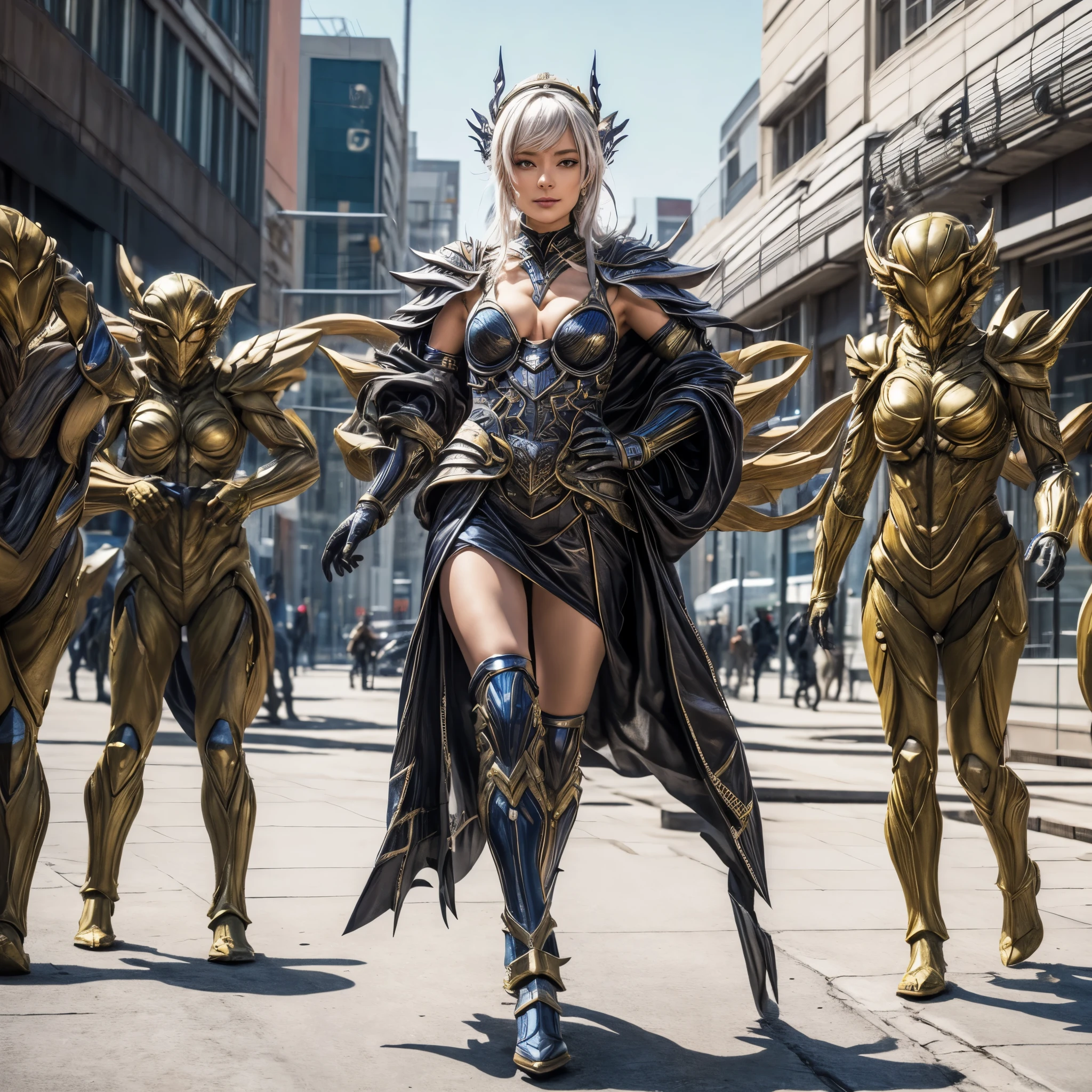 (best quality,4k,8k,highres,masterpiece:1.2),ultra-detailed, Alien Princess, Female Commander Invading a city with her Ranger troops behind her, strutting her stuff, Smiling and laughing, Flirting with the viewer, HDR, 8k, absurdres, cinestill 800, sharp focus, add_detail:3 (solo woman) anime Villainess, wideshot, widescreen, focus on subject