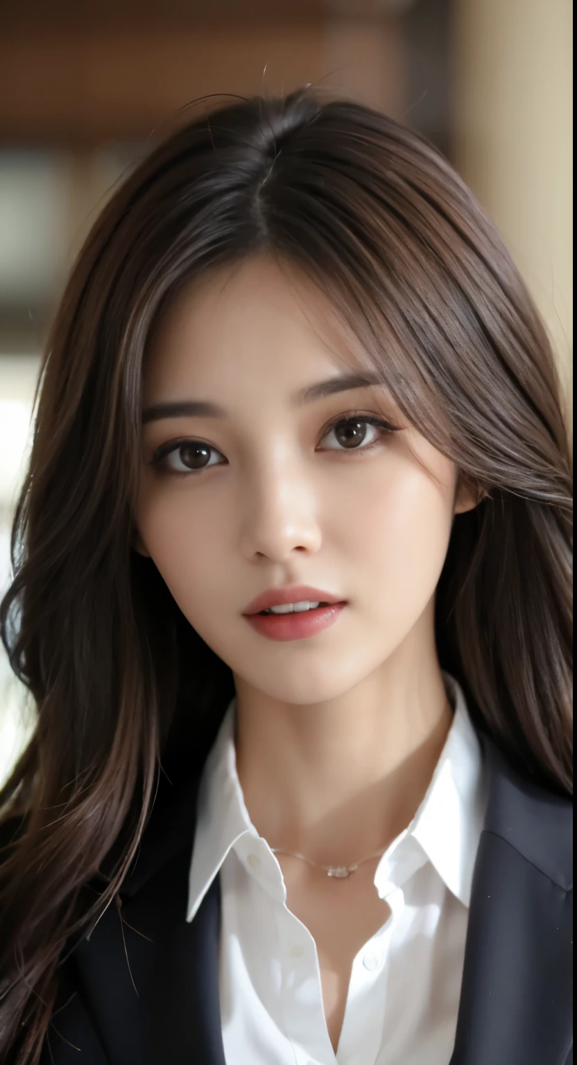 table top, highest quality, realistic, very detailed, In detail, High resolution, 8k wallpaper, 1 beautiful woman,, light brown messy hair, wearing a business suit, sharp focus, Fully dynamic configuration, beautiful and delicate eyes, fine hair, 섬세하고 realistic 피부 결, laughter, close-up portrait, model body shape. dark lighting, please open your mouth wide