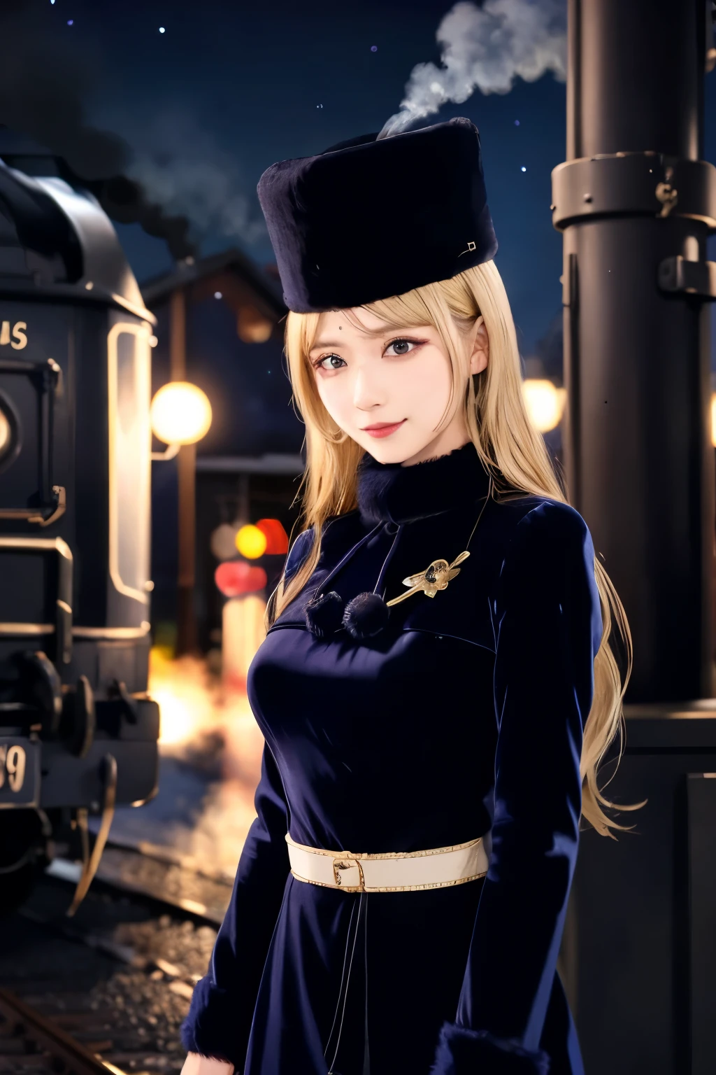 maetel, long hair, blonde hair,fur trim, black headwear, fur hat, dress,(cowboy shot:1.1), yellow eyes, (luggage:1.1), steam (train station:1.1),station platform,  night, galaxy,999
best quality, highly detailed, masterpiece, absurdres,8k,   (detailed eyes, deep eyes),photorealistic, realistic,detailed skin texture, detailed pupils,HDR,
1woman,(happy:1.1),smile, (angular face:1.2),shiny face,large breasts, (narrow waist:1.1), lip makeup,long eyelashes