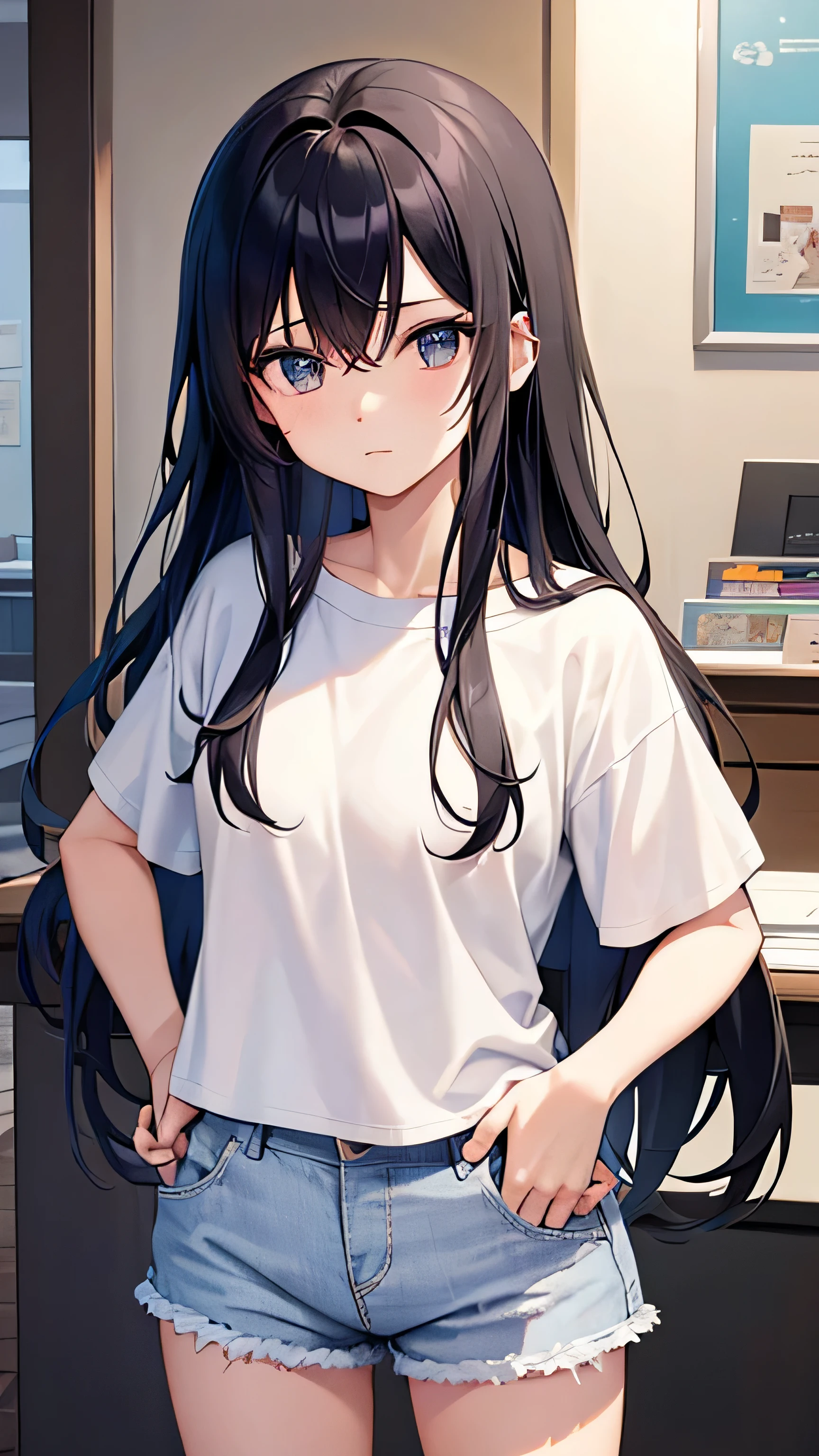 2D、girl、white t-shirt、night、short pants、long hair、black hair