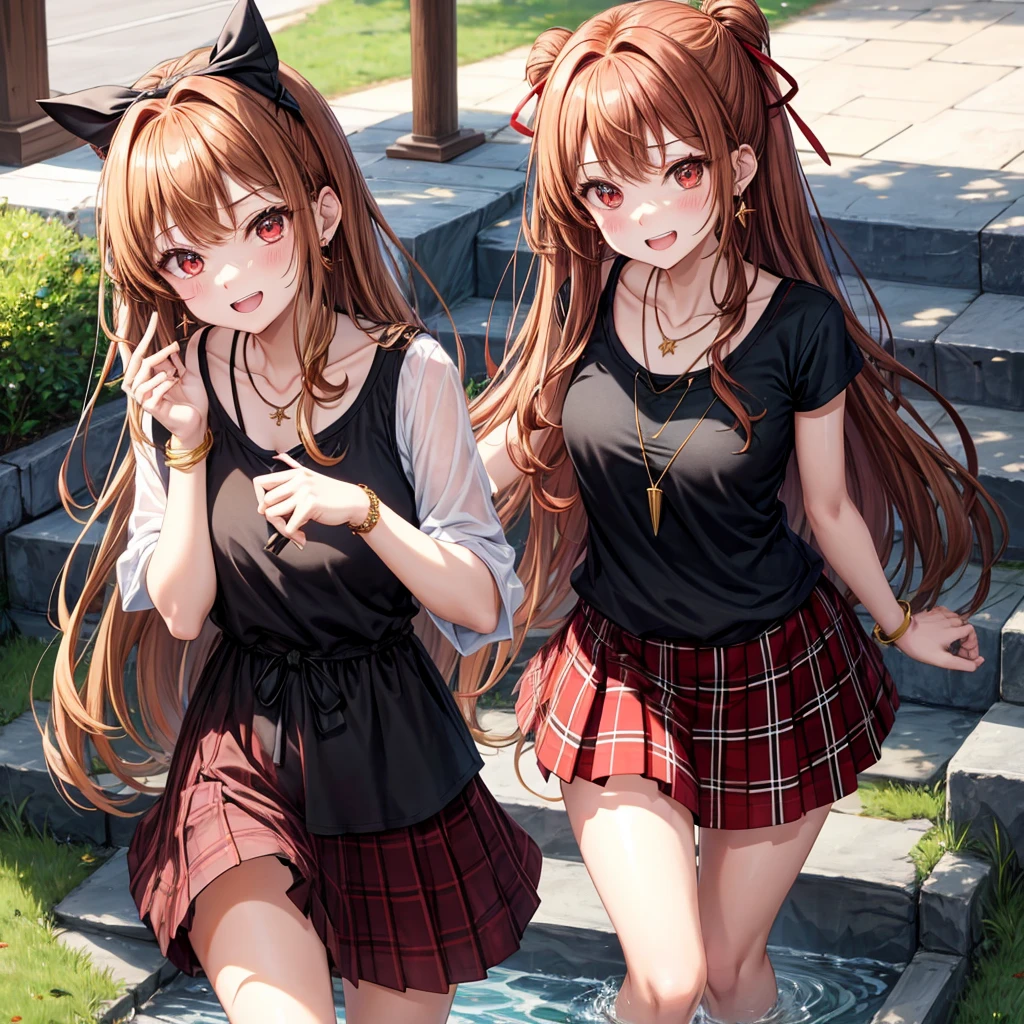 reddish-brown golden hair、red eyes、one good looking girl、solo、anime、plaid mini skirt、black camisole、black t-shirt、hoodie、wearing a ribbon、ribbon at waist、crystal earrings、jewelry necklace、Light and shadow、tilting one's face、teeth are visible、pillar、evil looking face、Kuroko、Diamond dust、grassland、Water running down the stairs