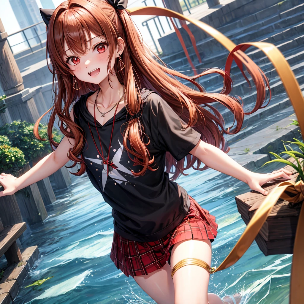 reddish-brown golden hair、red eyes、one good looking girl、solo、anime、plaid mini skirt、black camisole、black t-shirt、hoodie、wearing a ribbon、ribbon at waist、crystal earrings、jewelry necklace、Light and shadow、tilting one's face、teeth are visible、pillar、evil looking face、Kuroko、Diamond dust、grassland、Water running down the stairs