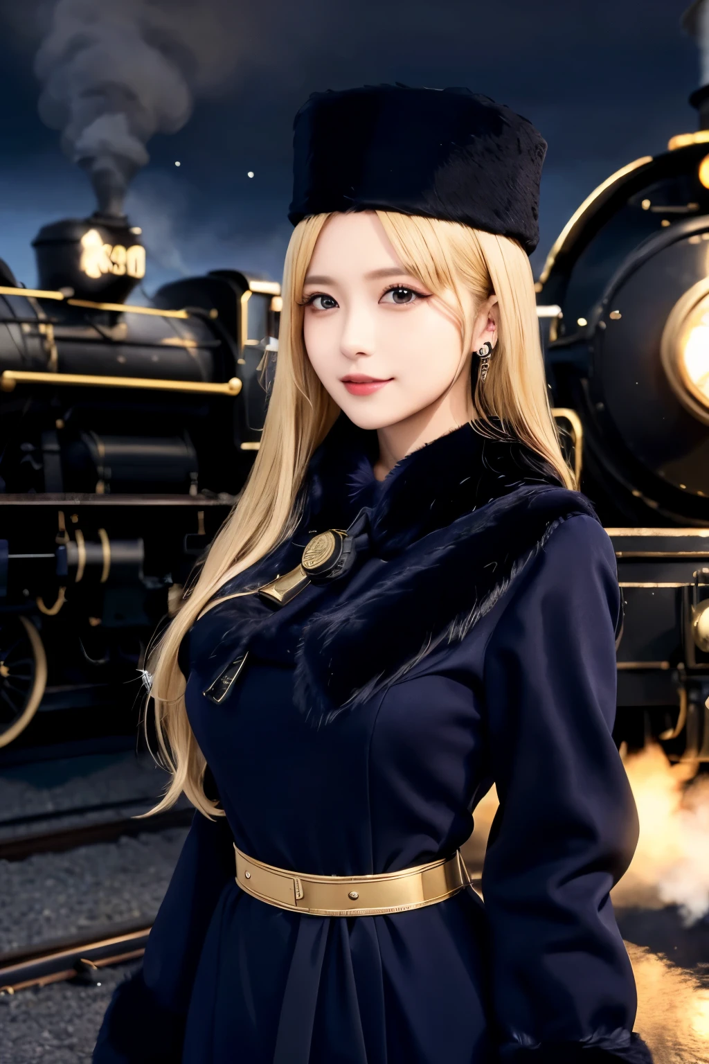 maetel, long hair, blonde hair,fur trim, black headwear, fur hat, dress,(cowboy shot:1.1), yellow eyes, (luggage:1.1), steam (train station:1.1),station platform,  night, galaxy,999
best quality, highly detailed, masterpiece, absurdres,8k,   (detailed eyes, deep eyes),photorealistic, realistic,detailed skin texture, detailed pupils,HDR,
1woman,(happy:1.1),smile, (angular face:1.2),shiny face,large breasts, (narrow waist:1.1), lip makeup,long eyelashes