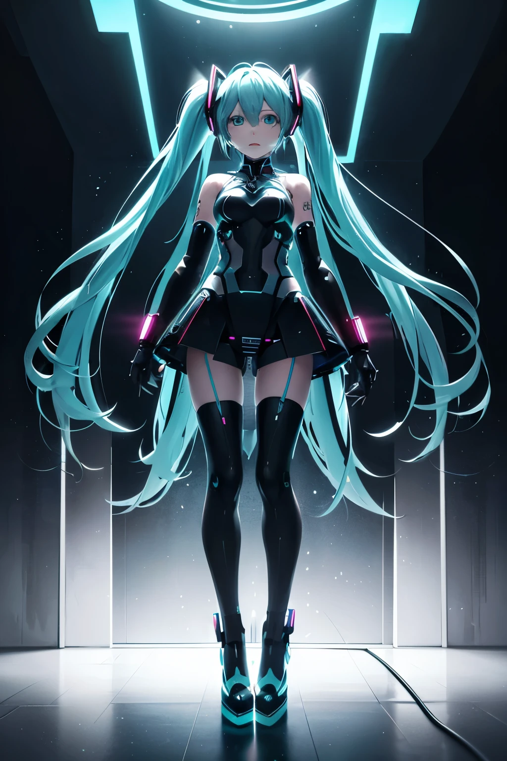 Imagine Hatsune Miku in a dimly lit underground club, the air pulsating with neon glows and electronic beats. One arm and half of her face are cybernetically enhanced, showcasing a fusion of human and machine. She's singing, her voice a bridge between two worlds, surrounded by an audience captivated by her hybrid beauty.