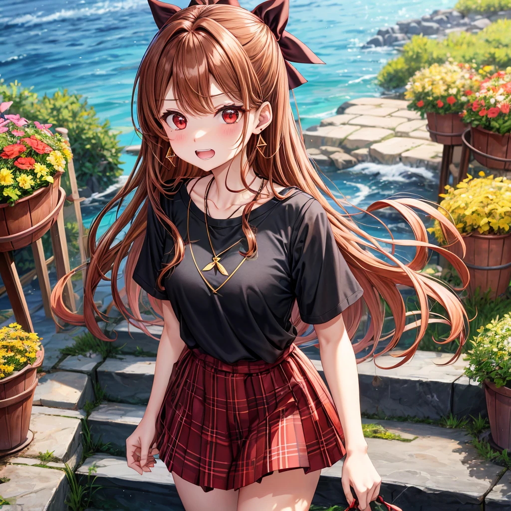 reddish-brown golden hair、red eyes、one good looking girl、solo、anime、plaid mini skirt、black camisole、black t-shirt、hoodie、wearing a ribbon、ribbon at waist、crystal earrings、jewelry necklace、Light and shadow、tilting one's face、teeth are visible、pillar、evil looking face、Kuroko、Diamond dust、grassland、Water running down the stairs