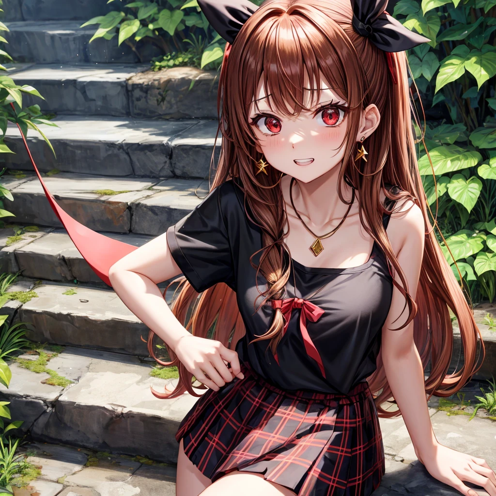 reddish-brown golden hair、red eyes、one good looking girl、solo、anime、plaid mini skirt、black camisole、black t-shirt、hoodie、wearing a ribbon、ribbon at waist、crystal earrings、jewelry necklace、Light and shadow、tilting one's face、teeth are visible、pillar、evil looking face、Kuroko、Diamond dust、grassland、Water running down the stairs