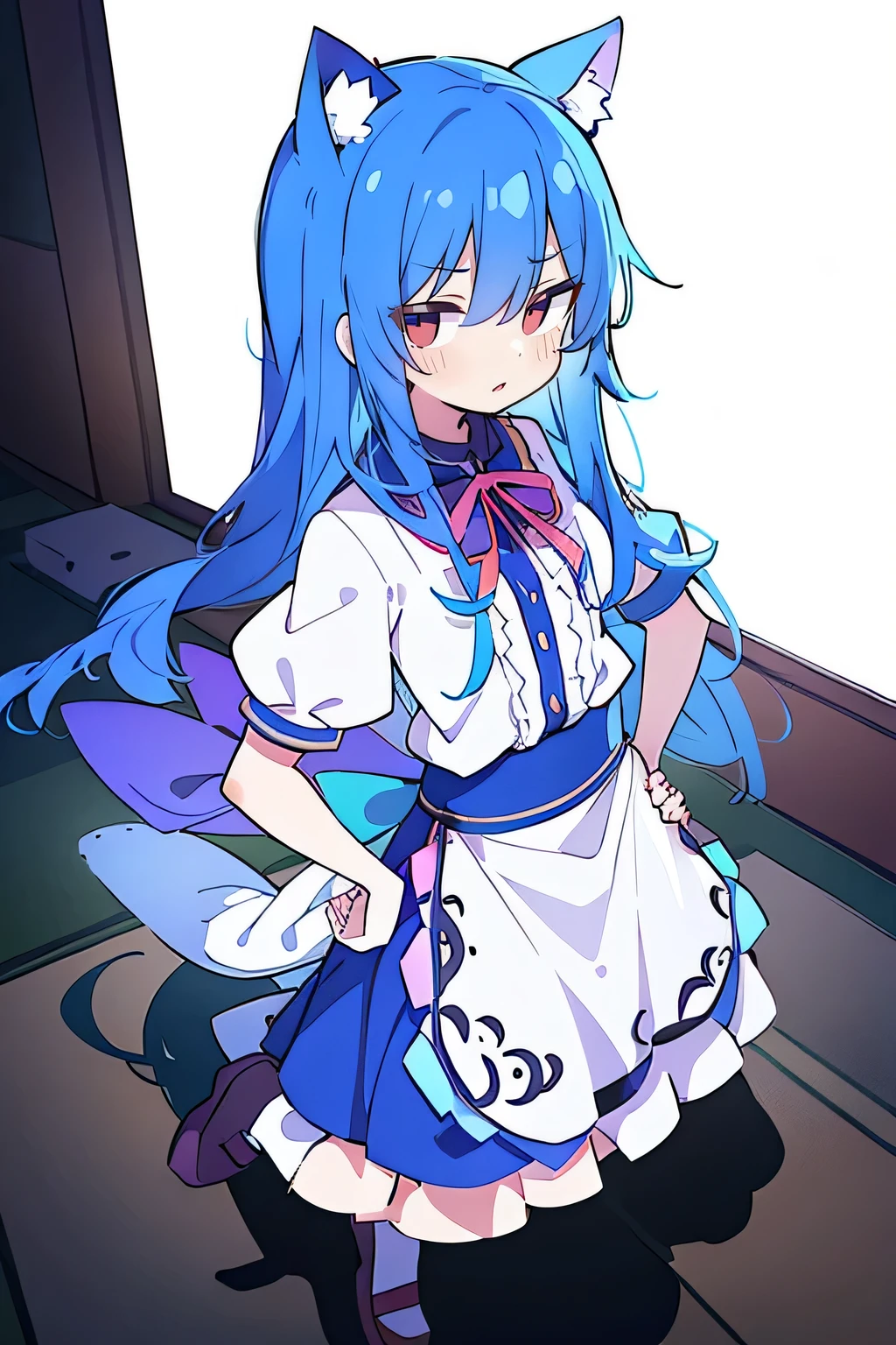(masterpiece),best quality, expressive eyes, perfect face, 1girl,
Put your hands on your waist,fair, Gorgeous,Japanese cartoons,girl,lola,Hina Angel, blue hair, blue haired, floating clothes,Grab your waist, Grab your waist, hands on hips , hands on hips,sit, sit on ground, Legs on the ground, flat chest,cat ears,