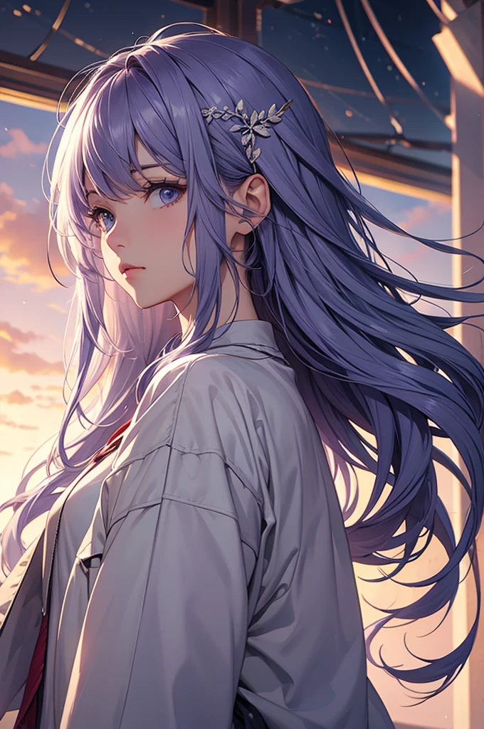 Pastel purple hair Wavy Long Hair Slanted eyes Profile rain