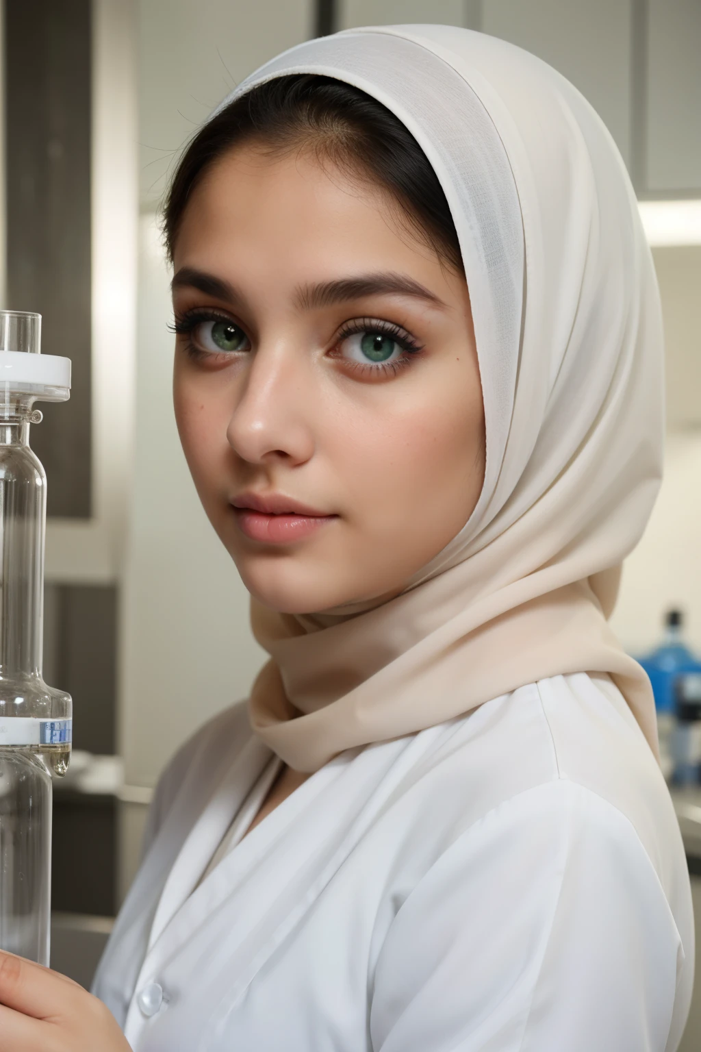 a scientist muslim girl in hijab, traditional clothing, perfect eyes, perfect hands, laboratory background, european face, white skin, green eyes. ((best quality)), ((masterpiece)), (detailed), perfect face