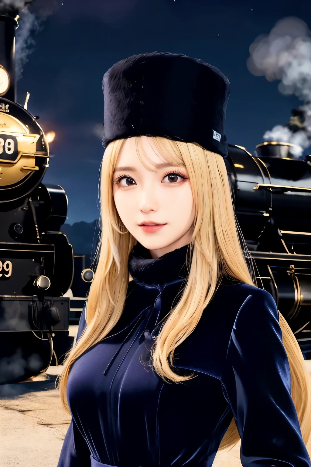 maetel, long hair, blonde hair,fur trim, black headwear, fur hat, dress,(cowboy shot:1.1), yellow eyes, (luggage:1.1), steam (train station:1.1),station platform, night, galaxy,999
best quality, highly detailed, masterpiece, absurdres,8k, (detailed eyes, deep eyes),photorealistic, realistic,detailed skin texture, detailed pupils,HDR,
1woman,(happy:1.1),smile, (angular face:1.2),shiny face,large breasts, (narrow waist:1.1), lip makeup,long eyelashes