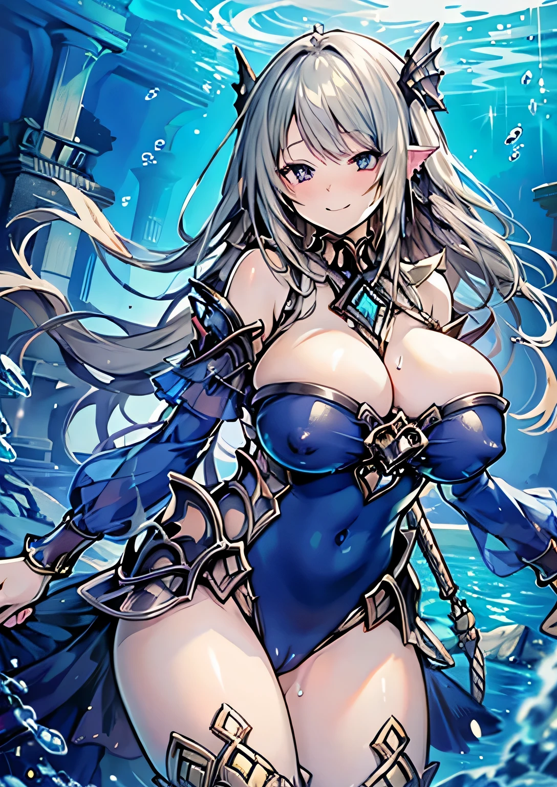 Erotic Anime Illustration、Highest image quality、A voluptuous nympho gal shows off her vagina at the underwater temple、sailor suit、sloppy stomach、perfect proportions、Overwhelmingly big breasts beyond the norm、thick legs with fat、big areola、Beautiful shining eyes、cowboy shot、smile、get into heat、shaved pussy、exposing nipples、spread legs、Vagina depicted in detail、sweating