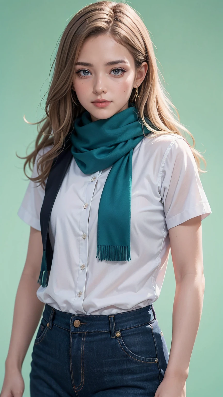 ((最high quality, 8K, masterpiece: 1.3, Ultra HD, high quality, 最high quality, High resolution, realism)) 、(high color saturation:1.0), (highly detailed skin), (最high quality:1.0), (超High resolution:1.0) ,(realistic:1.0), (Super detailed:1.0), (8K, Raw photo:1.1), slender、Slender, muscular body that&#39;s toned like an athlete&#39;s、24 year old white female、blue eyes、blonde、medium long hair、hair is wavy、Wear accessories on your wrist、Scarf Tie Blouse((scarf tie brouse))、Aladdin Pants((aladdin pants))wear、サンダルwear、pastel green background、hair behind ear, hime cut, 12k、light smile