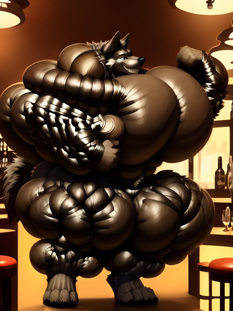 4k, high resolution, best quality, perfect lightning, perfect shadows, solo, anthro, young, boy, wolf, furry body, (fluffy mane:1.2), fluffy tail, male, adult, (bulky2:0, thick muscles2:0, huge muscles2:0, hyper muscles:2.0), (thick biceps, veiny biceps, big broad veiny pecs, broad shoulders:1.1), (thick legs, thick calves:1.1), (digitigrade legs, 4 toes:1.2), ( perfect colors, photorealistic fur, detailed fur, epic, masterpiece), (suggestive posing:1.2), (seductive smile, lustful grin 1.3), detailed modern bar, (black leather jacket, open jacket, tie, black shorts), detailed wolf eyes, by k0suna, by darkgem,nipple ring