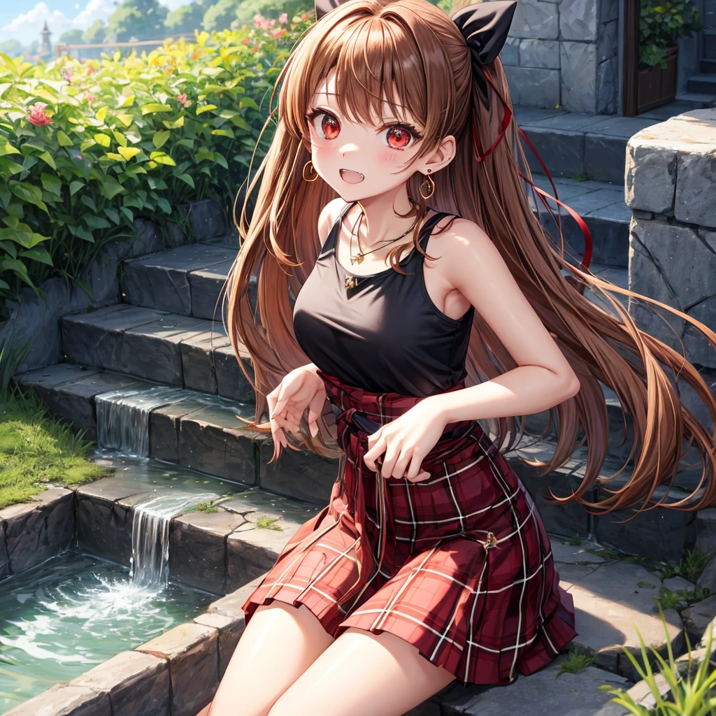 reddish-brown golden hair、red eyes、one good looking girl、solo、anime、plaid mini skirt、black camisole、black t-shirt、hoodie、wearing a ribbon、ribbon at waist、crystal earrings、jewelry necklace、Light and shadow、tilting one's face、teeth are visible、pillar、evil looking face、Kuroko、Diamond dust、grassland、Water running down the stairs、overflowing