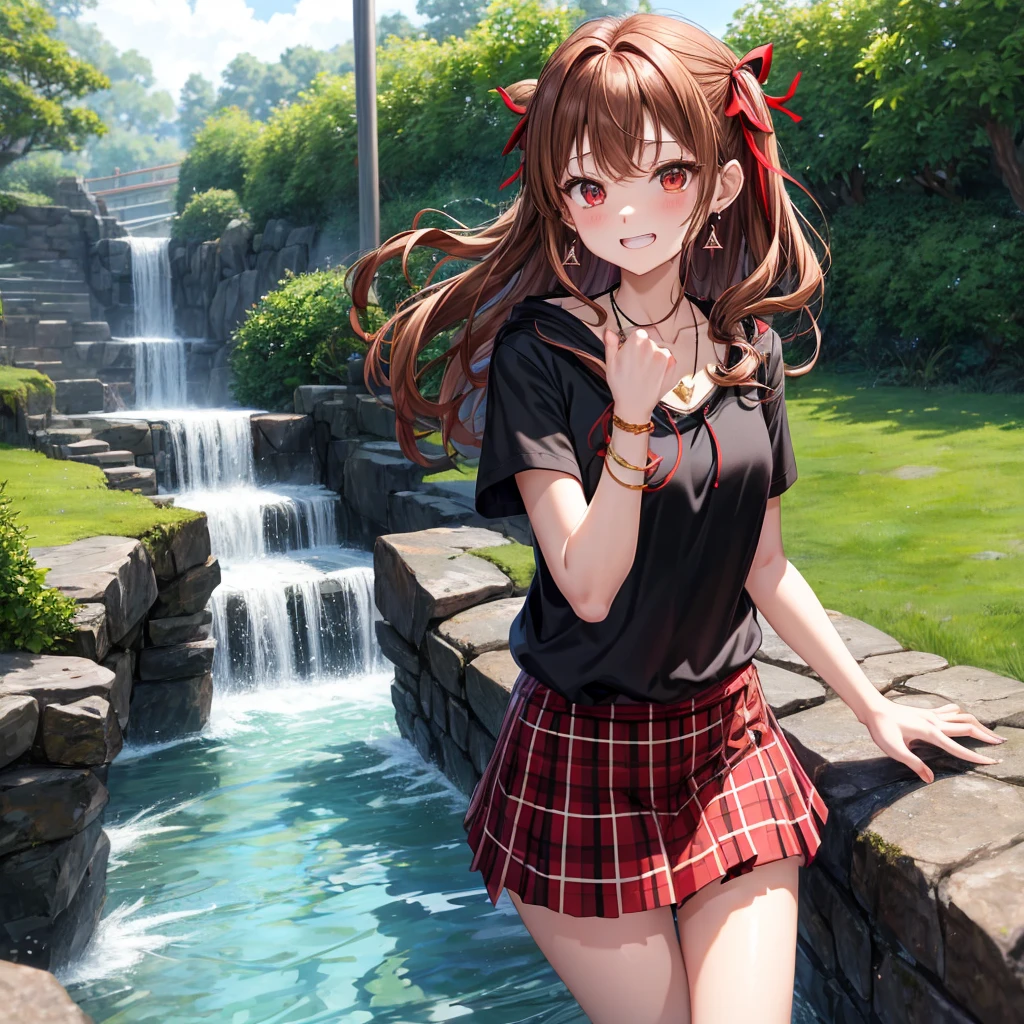 reddish-brown golden hair、red eyes、one good looking girl、solo、anime、plaid mini skirt、black camisole、black t-shirt、hoodie、wearing a ribbon、ribbon at waist、crystal earrings、jewelry necklace、Light and shadow、tilting one's face、teeth are visible、pillar、evil looking face、Kuroko、Diamond dust、grassland、Water running down the stairs、overflowing