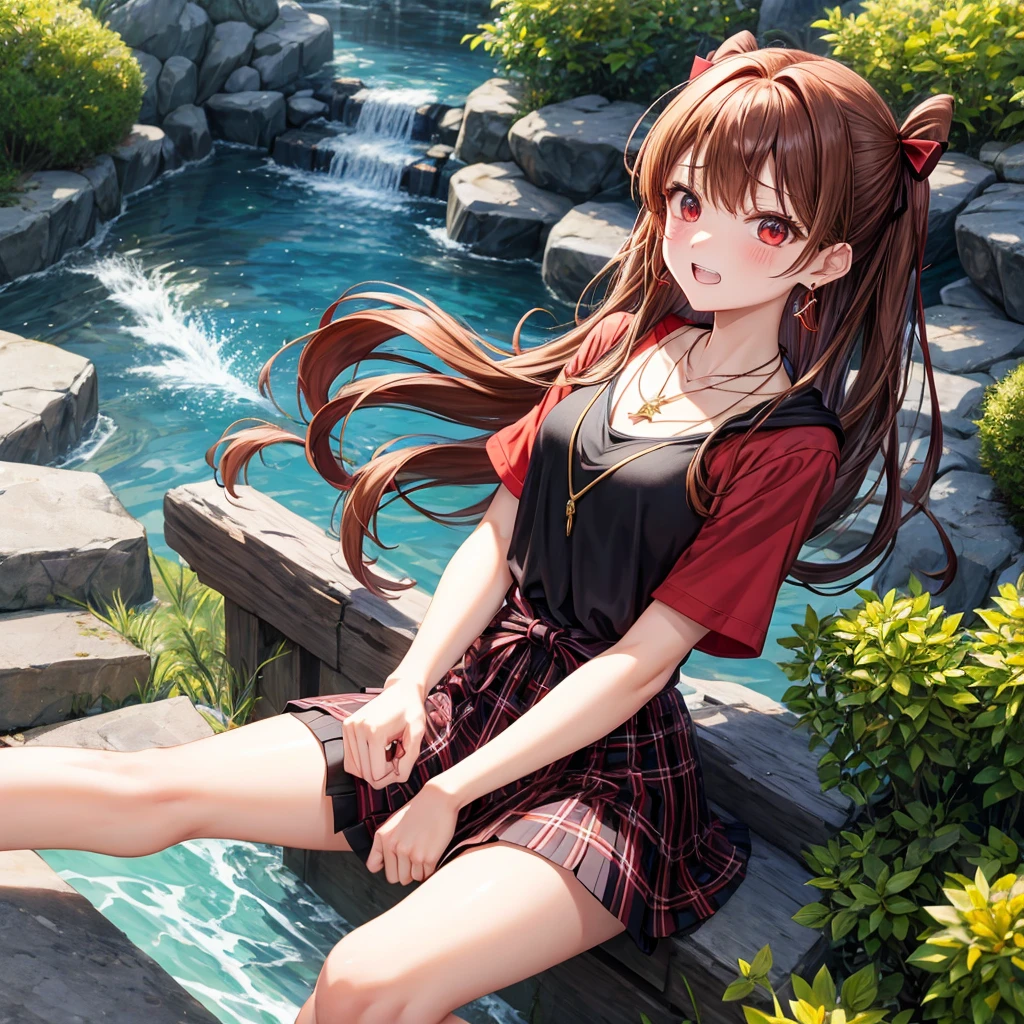 reddish-brown golden hair、red eyes、one good looking girl、solo、anime、plaid mini skirt、black camisole、black t-shirt、hoodie、wearing a ribbon、ribbon at waist、crystal earrings、jewelry necklace、Light and shadow、tilting one&#39;s face、teeth are visible、pillar、evil looking face、Kuroko、Diamond dust、grassland、Water running down the stairs、overflowing