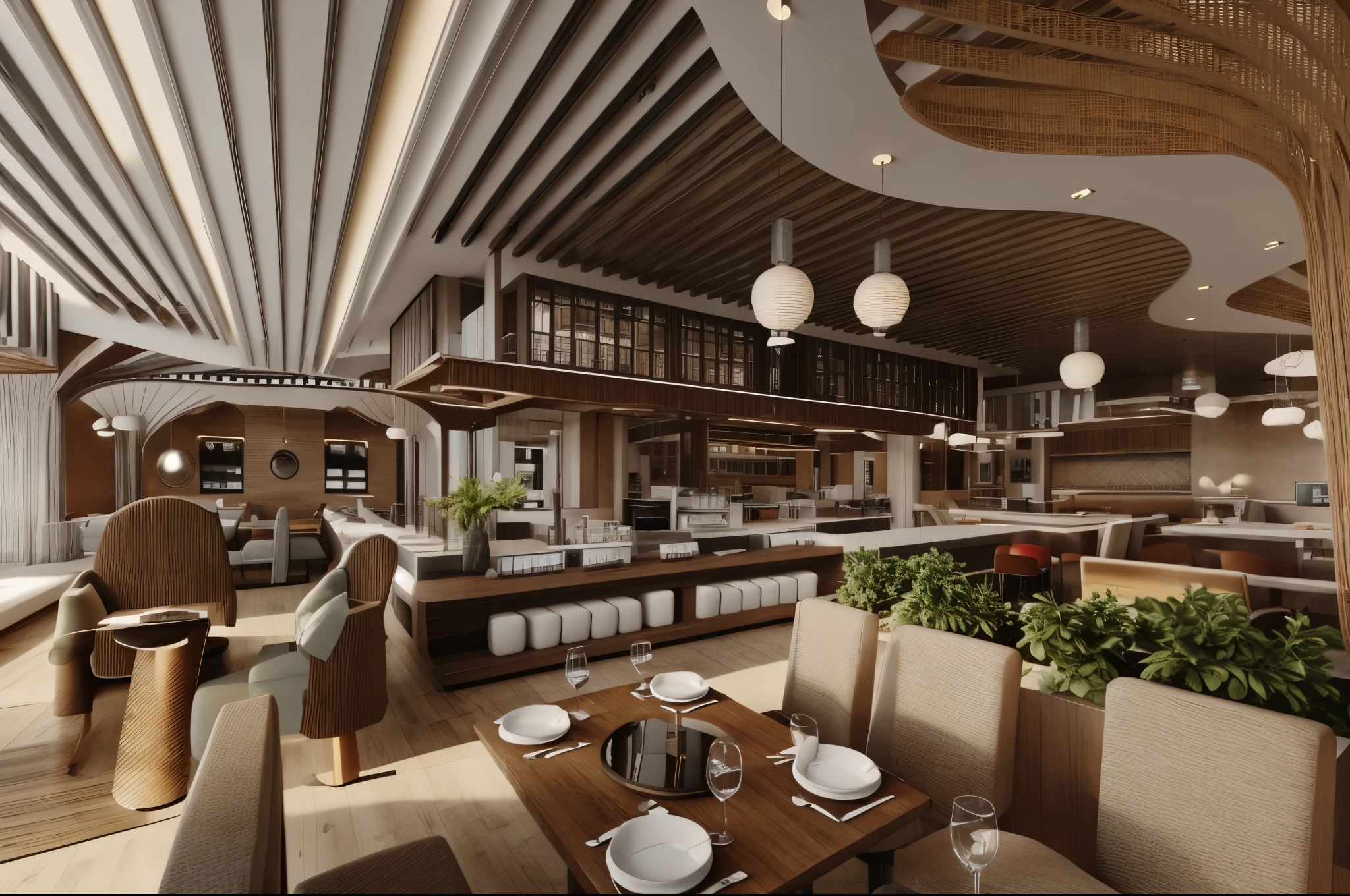 il y a des gens qui traversent un restaurant avec des tables et des chaises, restaurant gastronomique, photographie d'restaurant interior, Aire de restauration, a digital renderinging, Aire de restauration in a mall, restaurant, precise rendu architectural, highly detailed interior, detailed renderings, digital renderinging, Fully detailed rendering, rendu architectural, Rendu CG, Photorealistic rendering, very detailed rendering, digital rendering, environnement luxueux