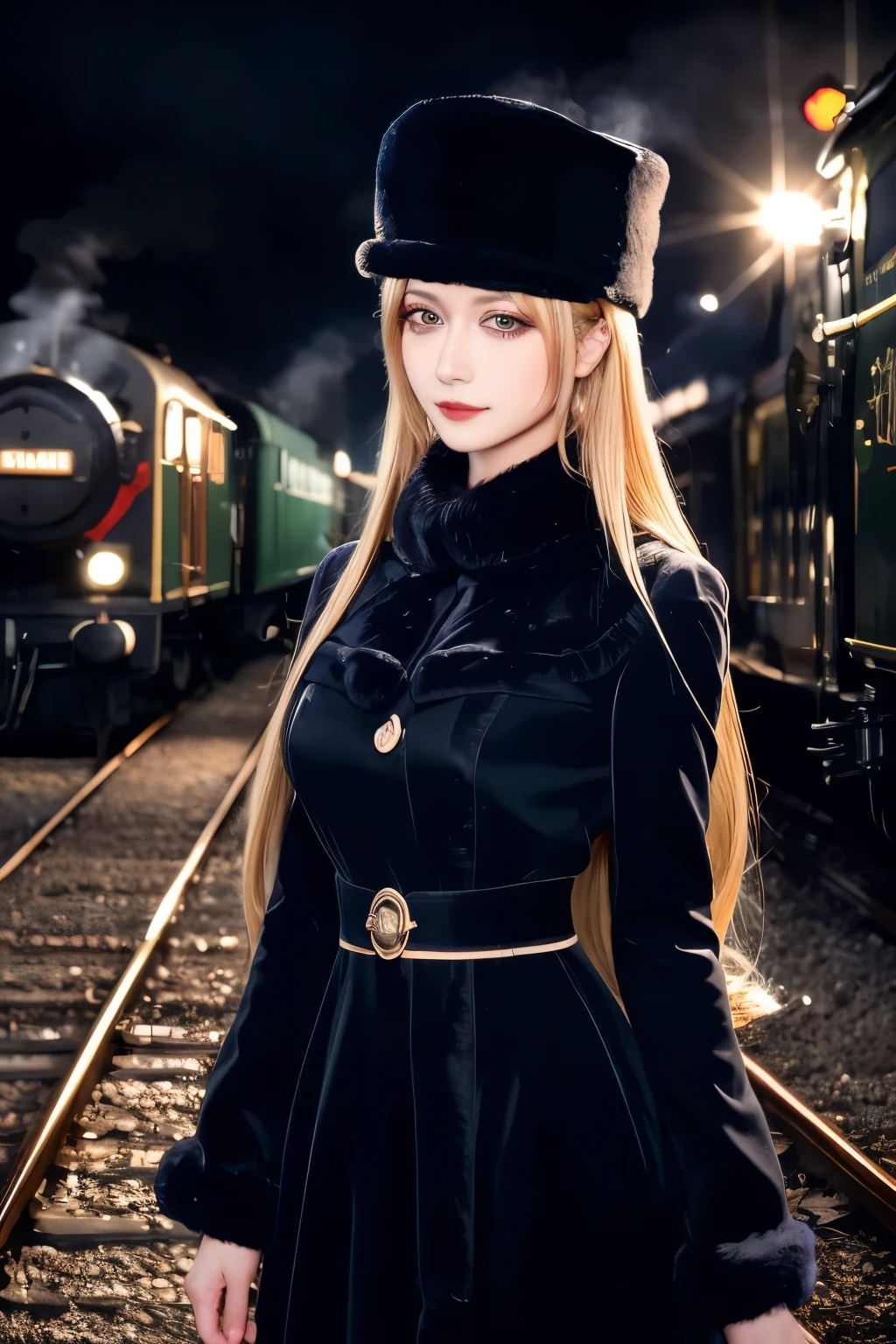 maetel, long hair, blonde hair,fur trim, black headwear, fur hat, dress,(cowboy shot:1.1), yellow eyes, (luggage:1.1), steam (train station:1.1),station platform,  night, galaxy,999
best quality, highly detailed, masterpiece, absurdres,8k,   (detailed eyes, deep eyes),photorealistic, realistic,detailed skin texture, detailed pupils,HDR,
1woman,(happy:1.1),smile, (angular face:1.2),shiny face,large breasts, (narrow waist:1.1), lip makeup,long eyelashes