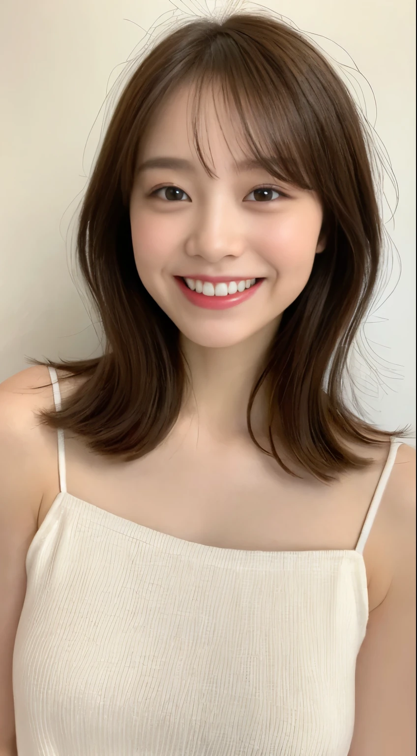 (highest quality, 8K, masterpiece: 1.3)), concentrated: 1.2, perfect body beauty: 1.8, ((best quality)), ((masterpiece)), (detailed), perfect face,real face、A pose of delight、A woman with a bouncy smile、smile with visible teeth、ID photo、white camisole dress、Upper body、white background、studio、small breasts、No face tilt、Natural whitened skin, long hair