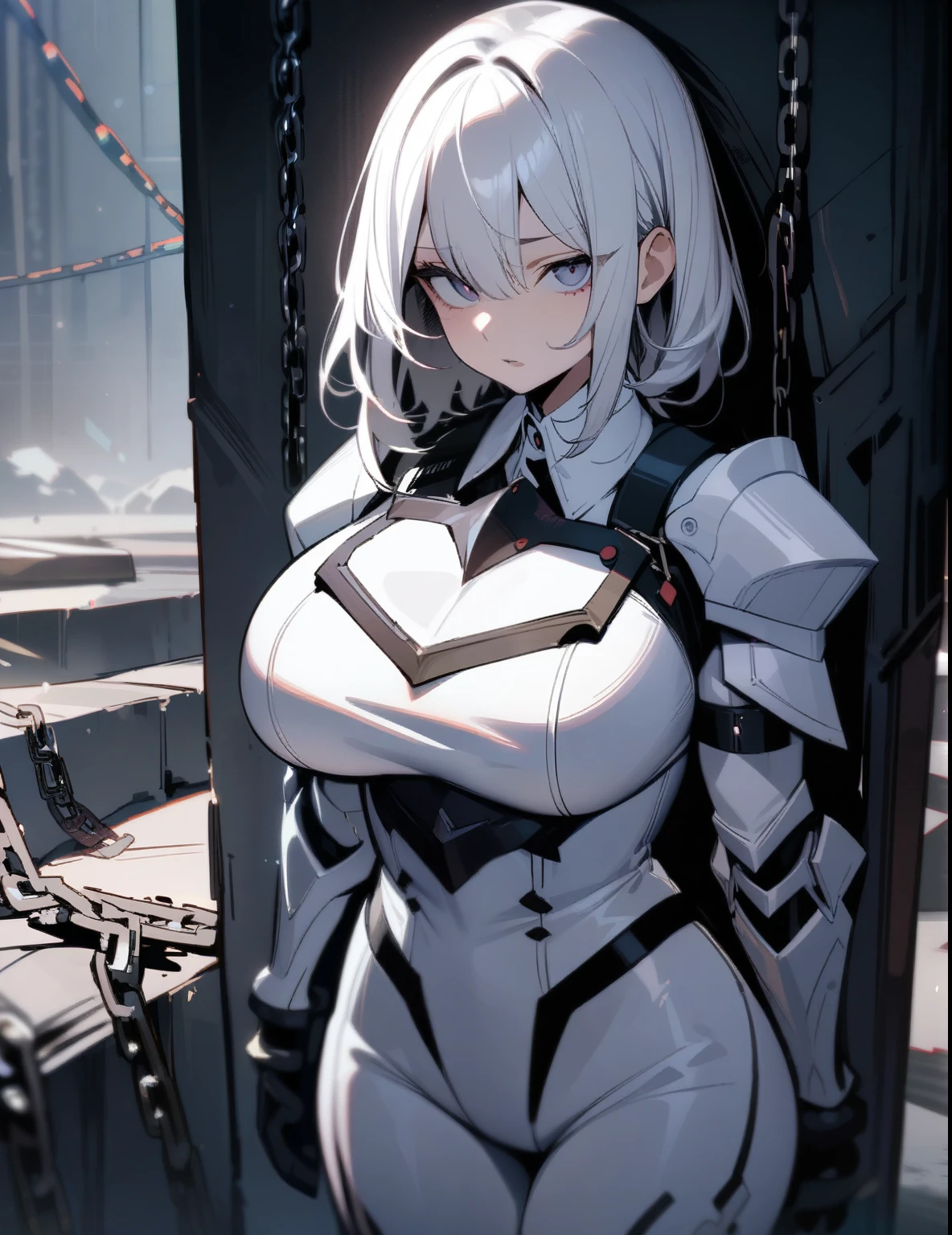 Masterpiece, best quality, 1 girl, alone, feel guilty \(Nod your head.\), white bodysuit, shirt collar, armor, chain, look at viewer, Chapped lips, stand, hands behind, big breasts
