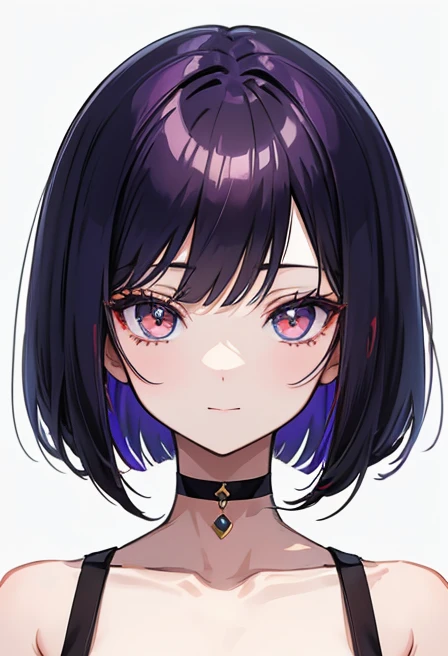 , Anime-style portrait of a girl with a deep violet bob cut, {Golden eyes}, bright eyes, -facee contact with the camera, subtle smile, minimalistic background to emphasize character, high contrast, clean lines, digital painting, vivid colors