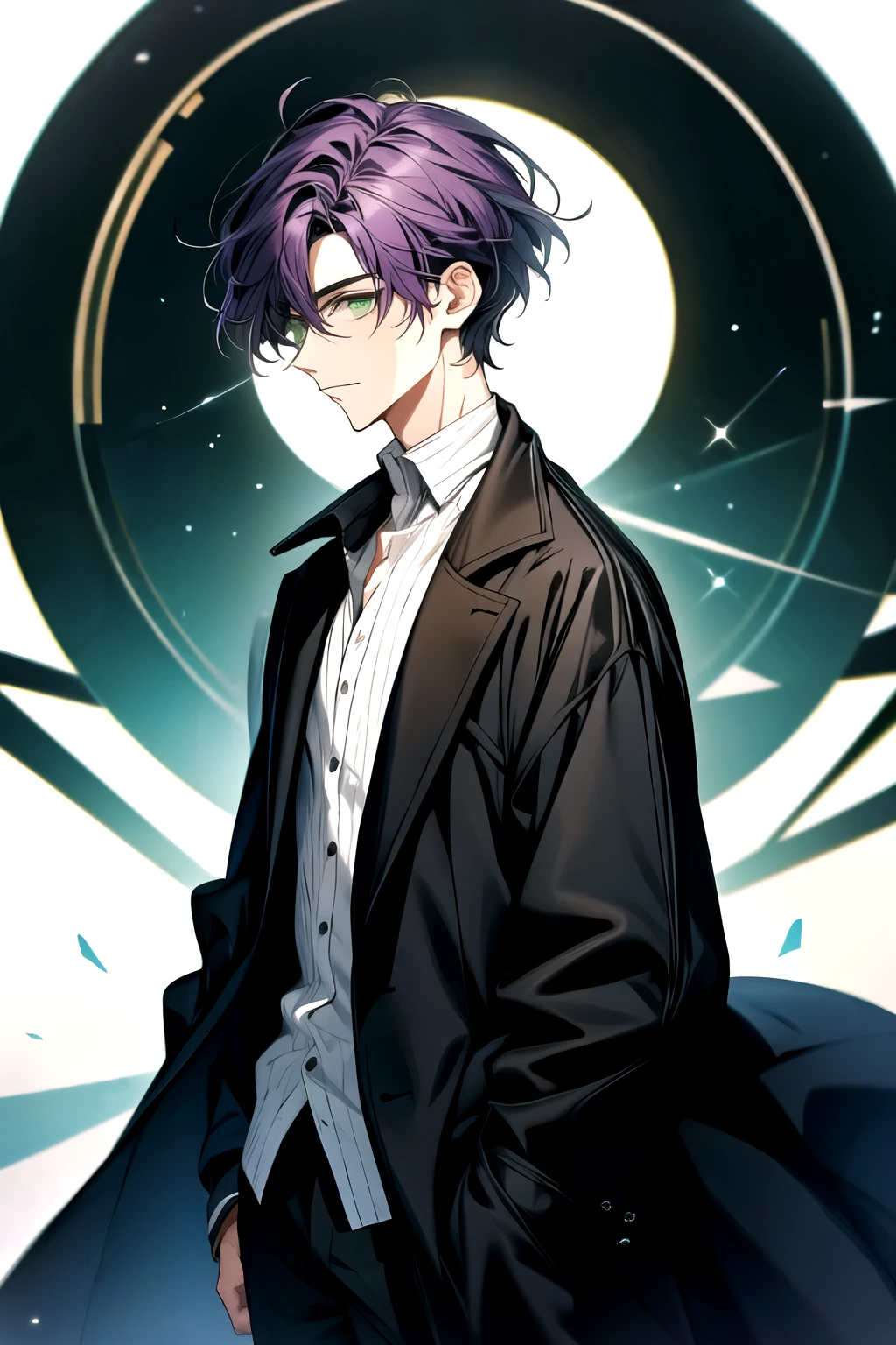 Solo, Male, masterpiece, highres, short hair, purple hair, green eyes, black and white shirt, black coat