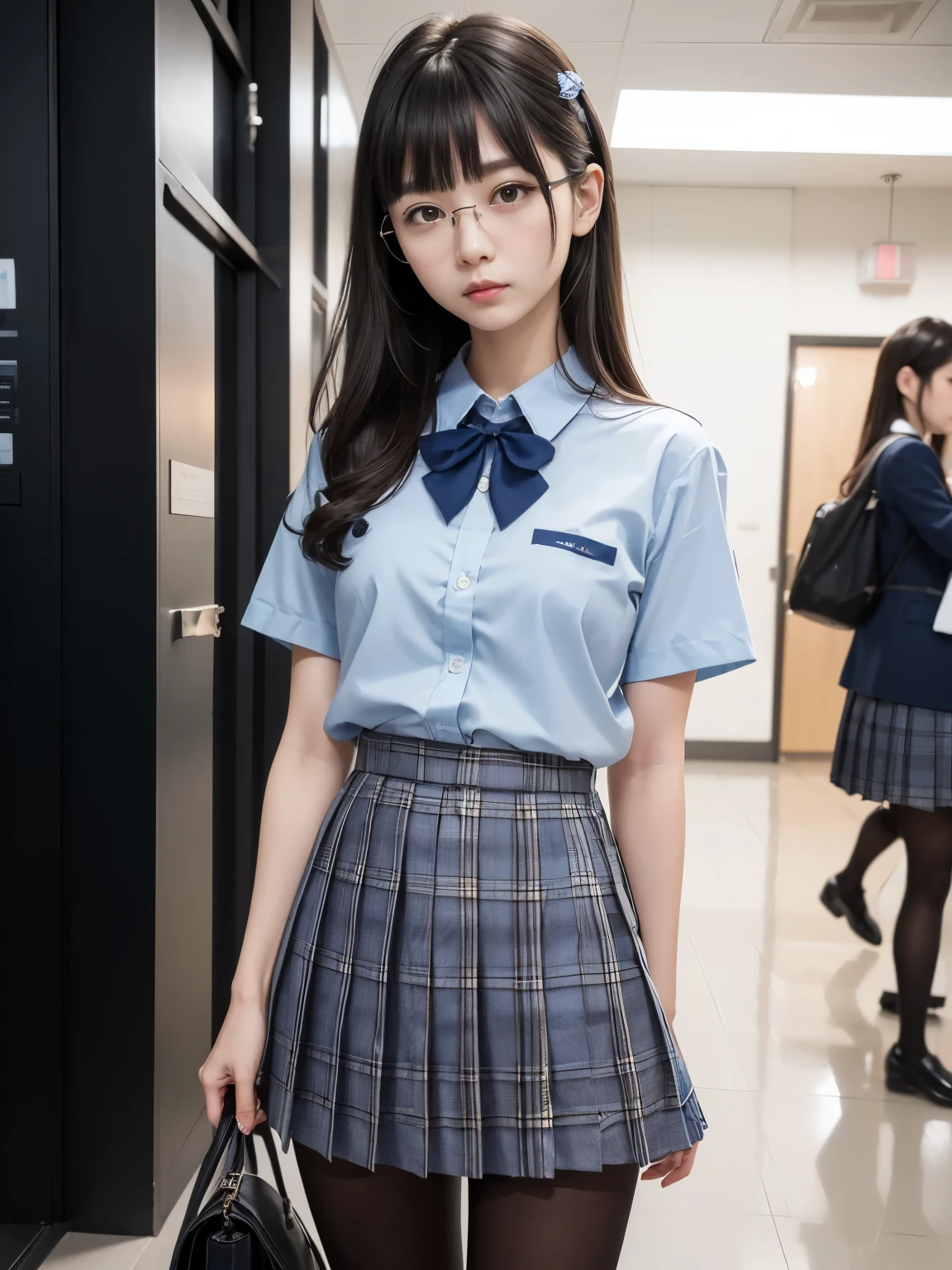 (Underwear is visible),(8K、Raw photography、top-quality、masterpiece:1.2),glamor,Chromo-white skin,cocky,School,watching at viewers,Looking at the front,Muchimuchi,Erotic,Pupils,de pele branca,kne,Student Bag((Black pantyhose)),absurderes,a small face,,flat breast,Parting the bangs from the middle、Forehead visible,(a cold expression,Tight eyes,glares,Bullish,skinny,Rasping,irate)、masterpiece,top-quality、超A high resolution,Raw photo,ren,Beautiful fece,One Person, solo,eye glass,,Dark look,Small breasts,fullllbody,Round glasses,JK ,hi-school girl,A Japanese Lady,is standing,(Photorealsitic:1.37)、Photon mapping,Realistic、Beautie,Cute little face,Brown-eyed、Black socks、(Red bow tie)、Radio City、Physically Based Rendering、depth of fields、Blurry background、a picture,Body,beauty legs, Long legs, Thin leg,(Bangs are visible), hair, s lips, Blue_The eye, nosesoft,(Light blue shirt), (Navy and blue and white plaid pleated skirt), Knees are visible,Sheer clothing,, Thigh, Black cotton socks,Nogizaka Idol, , Japanese ido