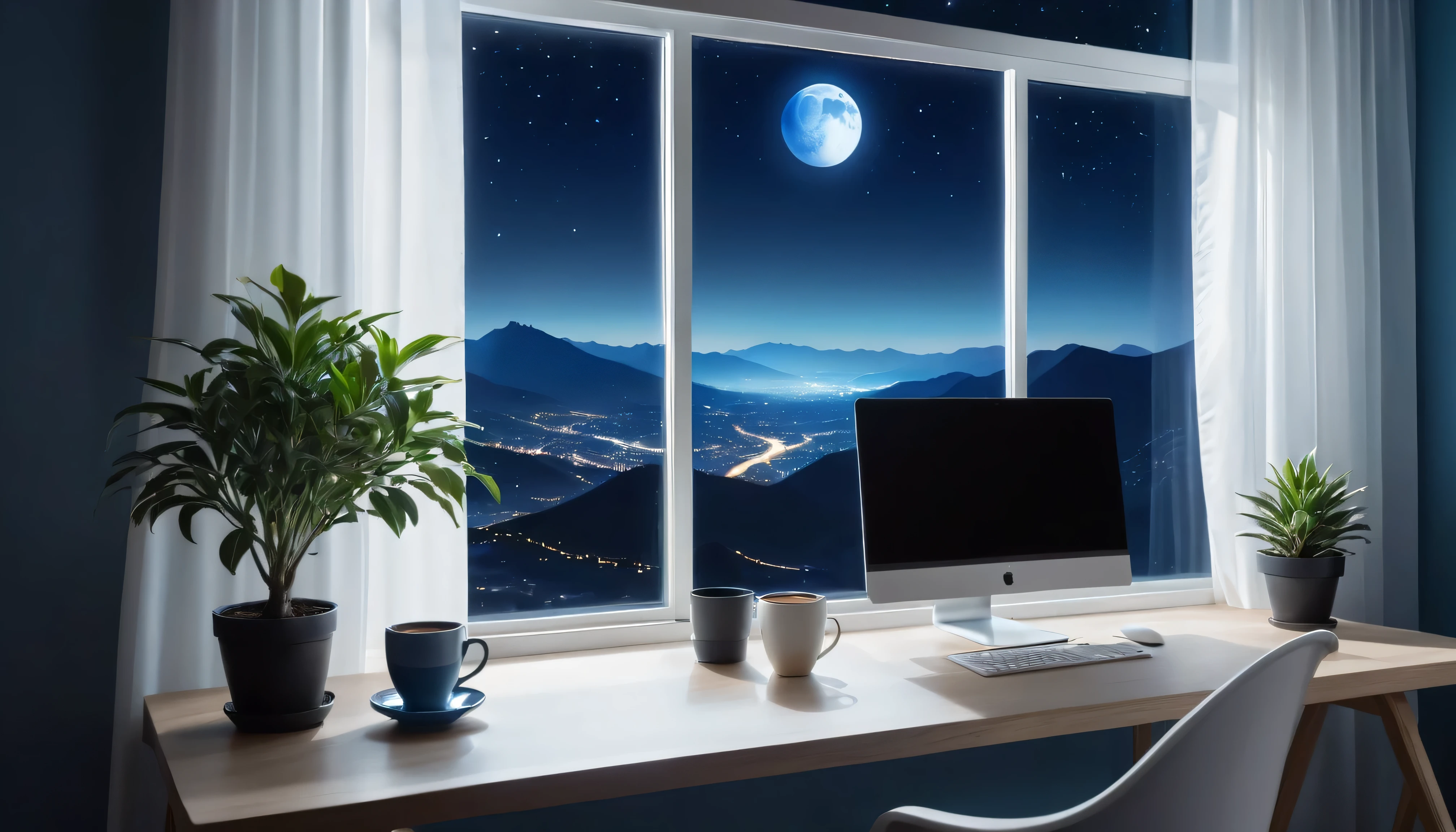 darkroom, night, desk,There is a small potted plant on the table. a cup of coffee, soft shadow, Stylish modern, glowing screen, Cold blue light, Flowing transparent white curtains.Looking out the window with the moon, starry sky and mountain view, Very detailed,tone texture.Obvious contrast of light and shadow.High-end and textured.half-length view , 50mm , f/1.8 , shutter speed 1/60 , ISO 50 ,Color temperature 4000k, masterpiece.first-person view