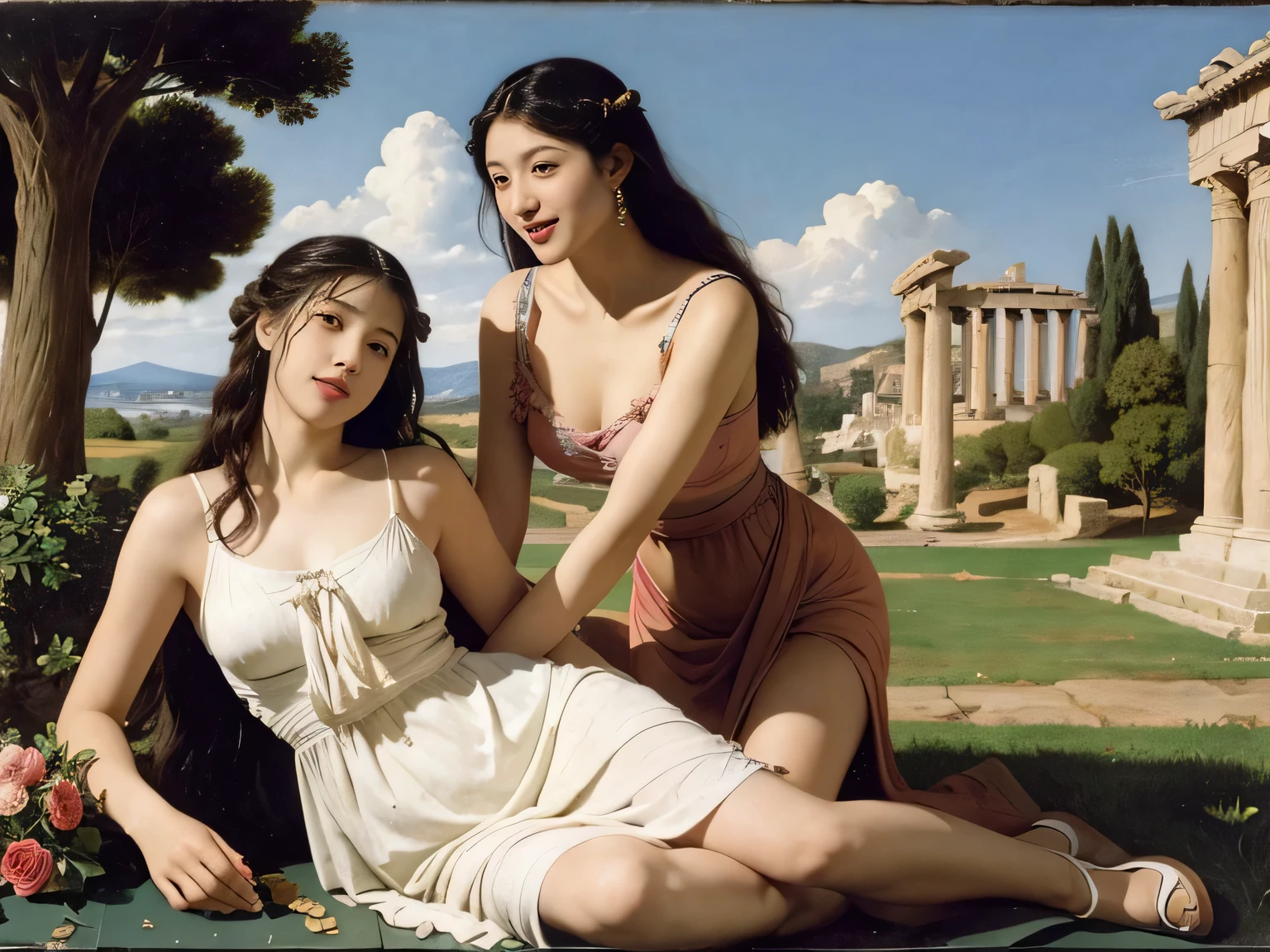 full body portrait or statue、Giorgione painting style,Arguments of two female Philosophe,math、astronomical machine、astronaut、roses in vase、fruits、Cute trinkets、smile、ancient greek costume、Ancient Roman landscape in the style of Nicolas Poussin,laughter,,Sweet and seductive appearance.、Caravaggio's paintings、Chiaroscuro of Caravaggio、hair tousled by the wind,Two women frolicking,cute smile, expression of ecstasy,Sexy,erotic